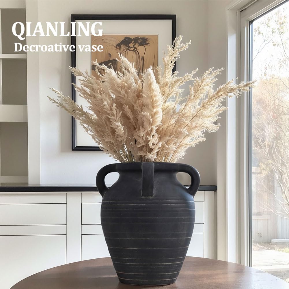 Handmade Large Black Vase - 10" Tall Terracotta Vases with 4 Ear Design, Wide Mouth Vintage Vases, Rustic Antique Decor Matte Black Ceramic Vase for Home Decor, Living Room, Table, Fireplace Decor - Image 6