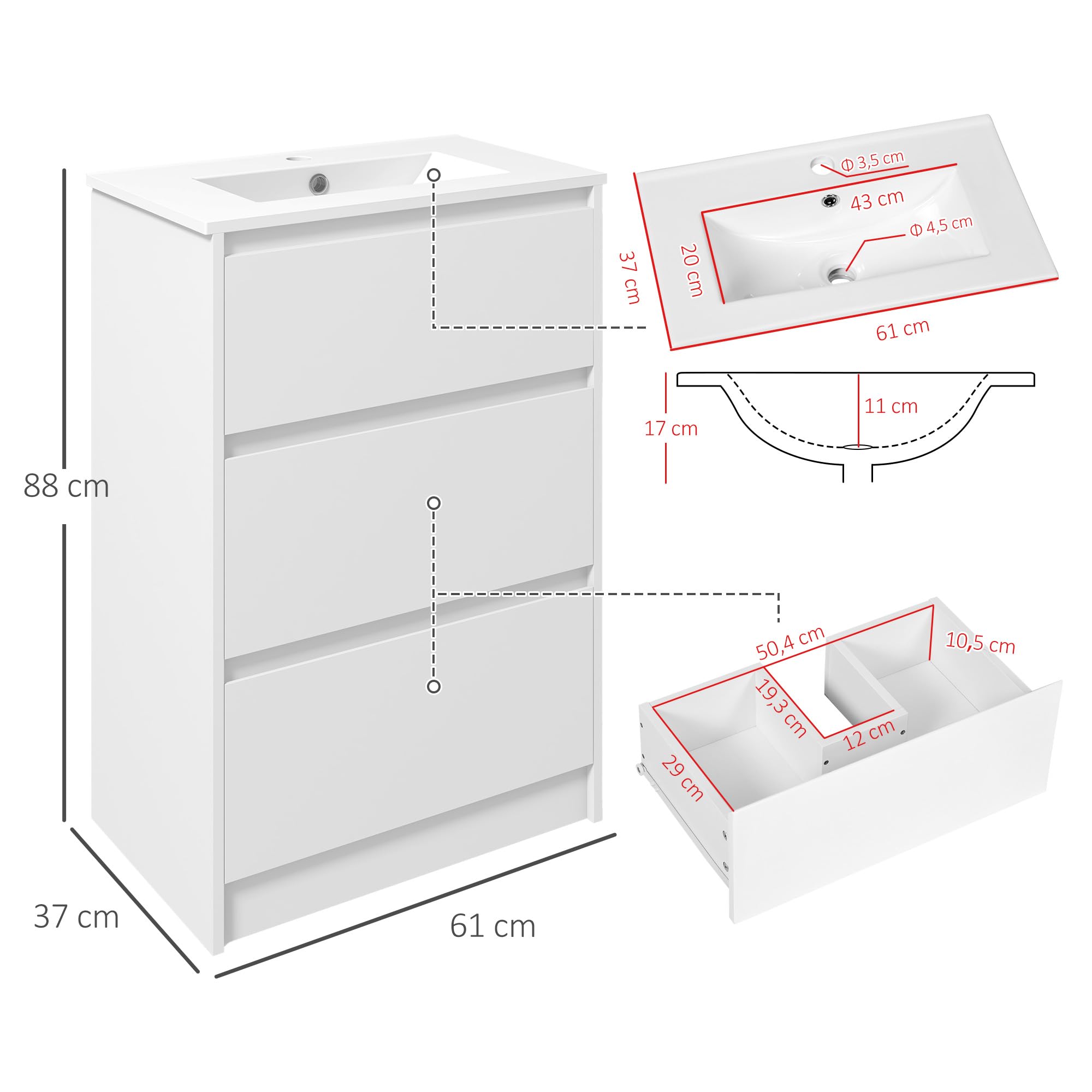 Kleankin Mueble Bajo Lavabo de Baño Con 2 Cajones, Armario de Cerámica Sintética 61x37x88 cm Blanco Brillante