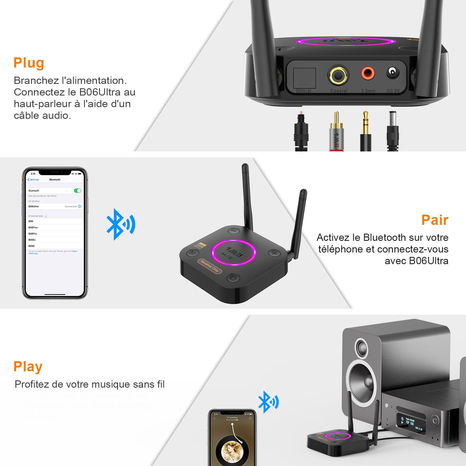 1Mii B06Ultra LDAC Récepteur Bluetooth 5.3 pour Chaîne Stéréo HiFi, Adaptateur Audio Bluetooth avec DAC Audiophile, aptX HD&LL, Contrôle du Volume, 3D Surround, Optique 3,5 mm Jack Coaxial