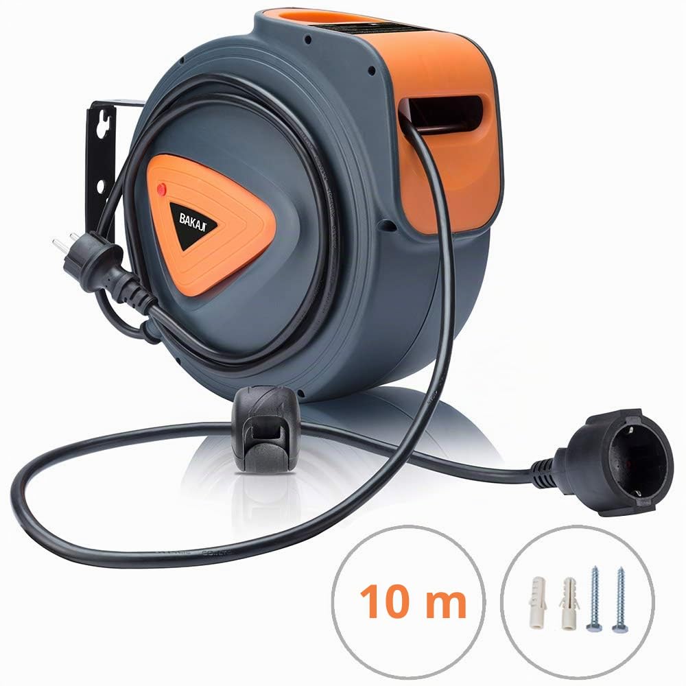 BAKAJI Enrouleur de câble électrique avec câble 10 m, prise Shucko, fixation murale, système de verrouillage automatique, gain de place, accessoire enrouleur de tuyau, rallonge électrique