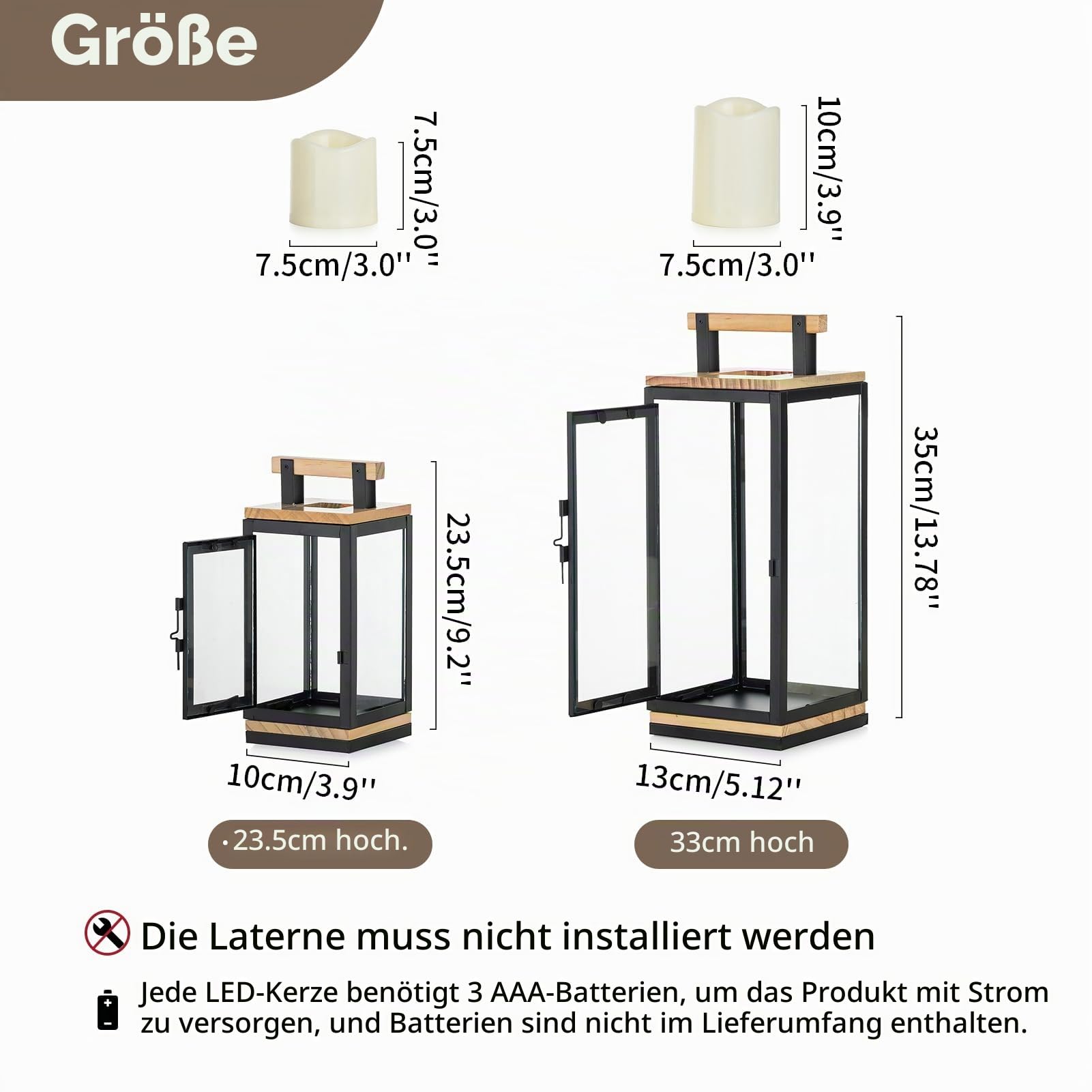 NUPTIO Laterne mit Timer für Kerzen Holz: 34 23.5cm LED Kerzen Laternen Set Schwarz Metall Outdoor Holzlaterne Kerzenlaterne Draußen Weihnachten Grablaterne Friedhof Wetterfest Gartenlaterne Windlicht