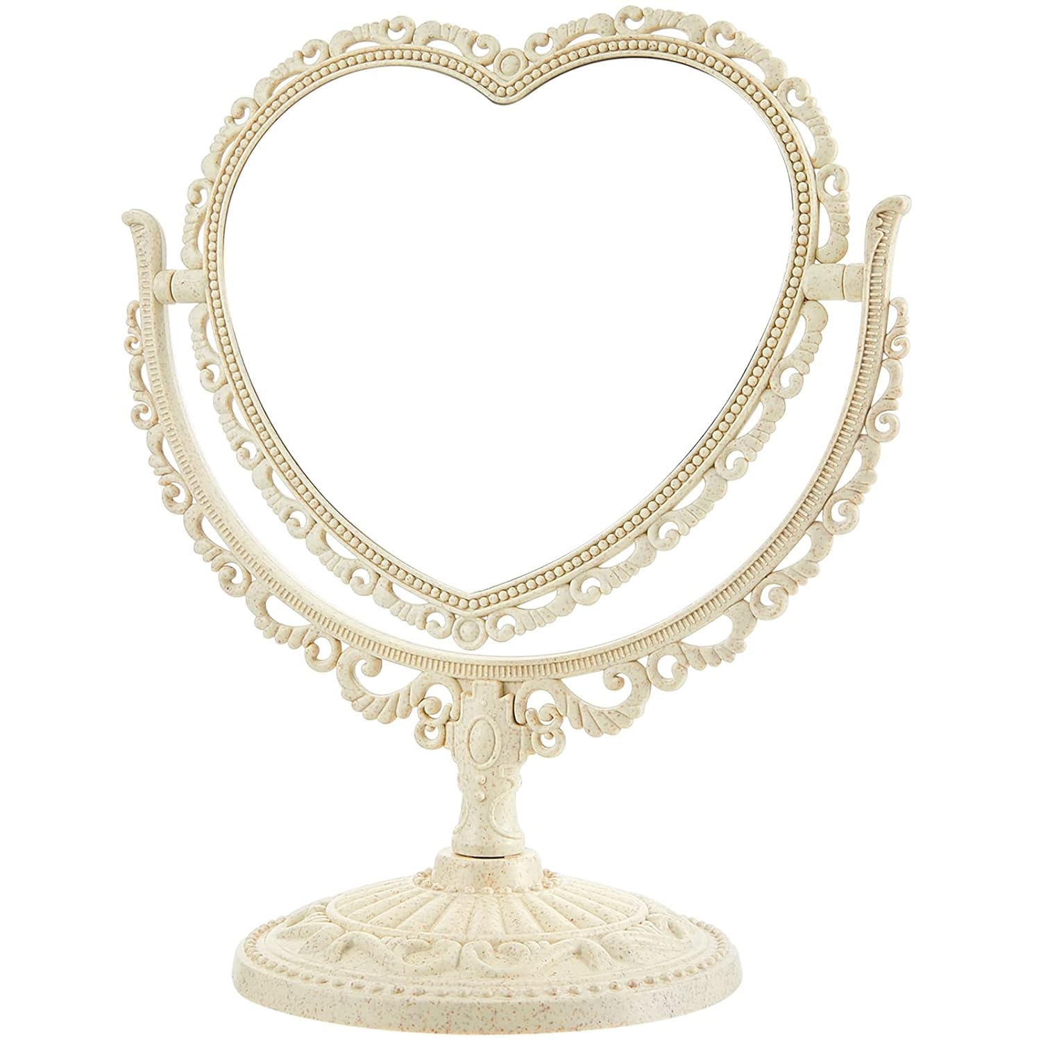 Niltracy White Heart Shaped Makeup Mirror Tabletop Vanity Mirror Double Sided Magnifying Makeup Mirror With 360 Degree Rotation Vintage Bedroom Vanity Mirror (White)