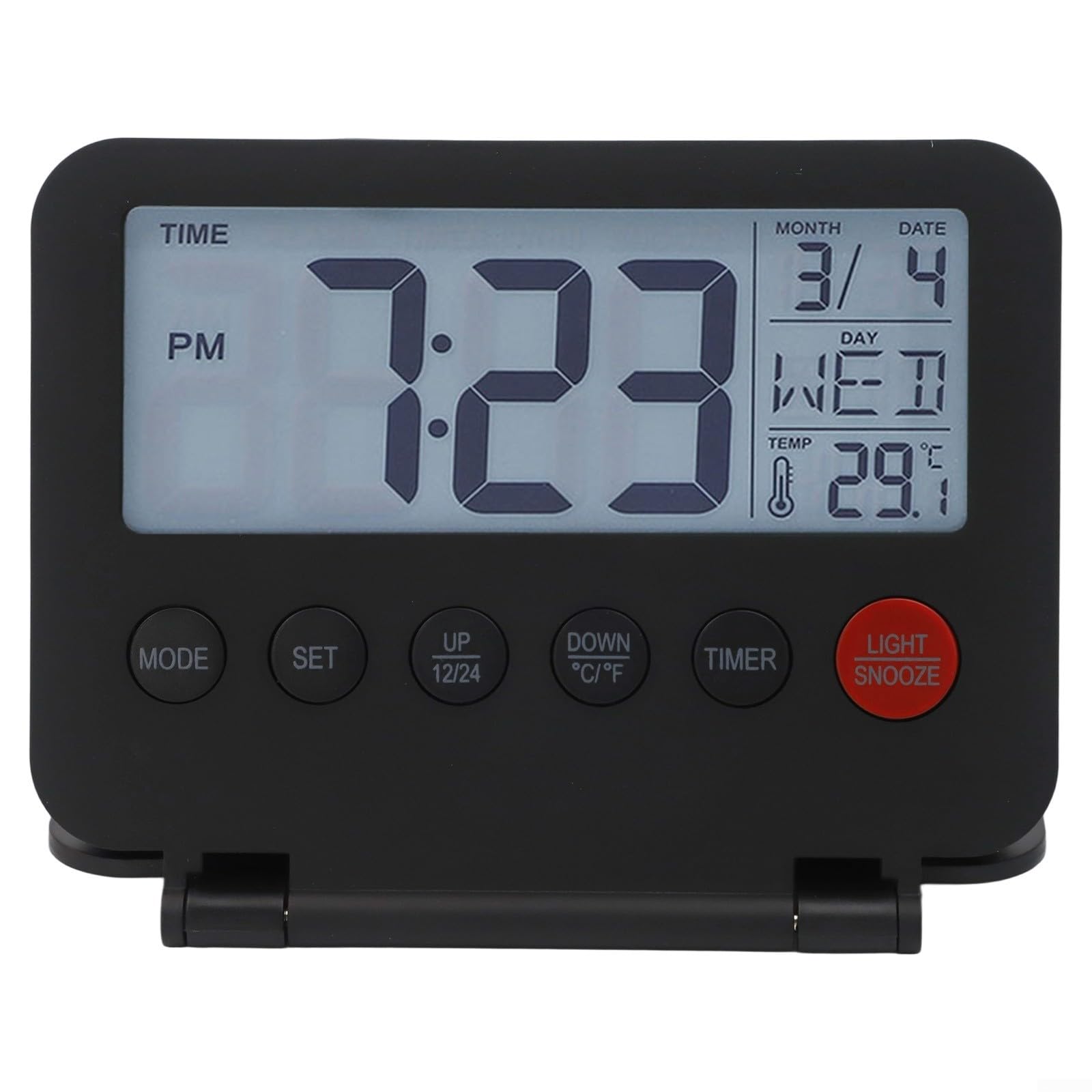 Travel Alarm Clock with Backlight, 12/24H Display, Calendar and Temperature, Weekend Mode, Compact Portable Design for Bedside Desk, Battery Operated(Black)