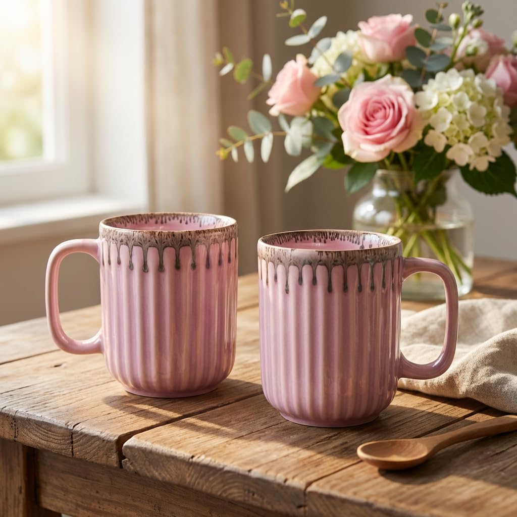 Handmade Ceramic Coffee Mug Set of 2 Pink Glaze | 220ml Each Drip Design | Microwave Dishwasher Safe | Valentine Gift for Couple Friend Family | Elegant Tea Cup Pair for Home Office Kitchen Use
