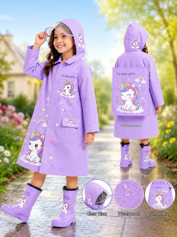 Image of Krystle Kids Glow Cartoon Print Raincoat with Bag Cover | Waterproof Zipper Rain Jacket for Boys n Girls | School Raincoat with Reflective Strip for Kids (Purple,Multisize)