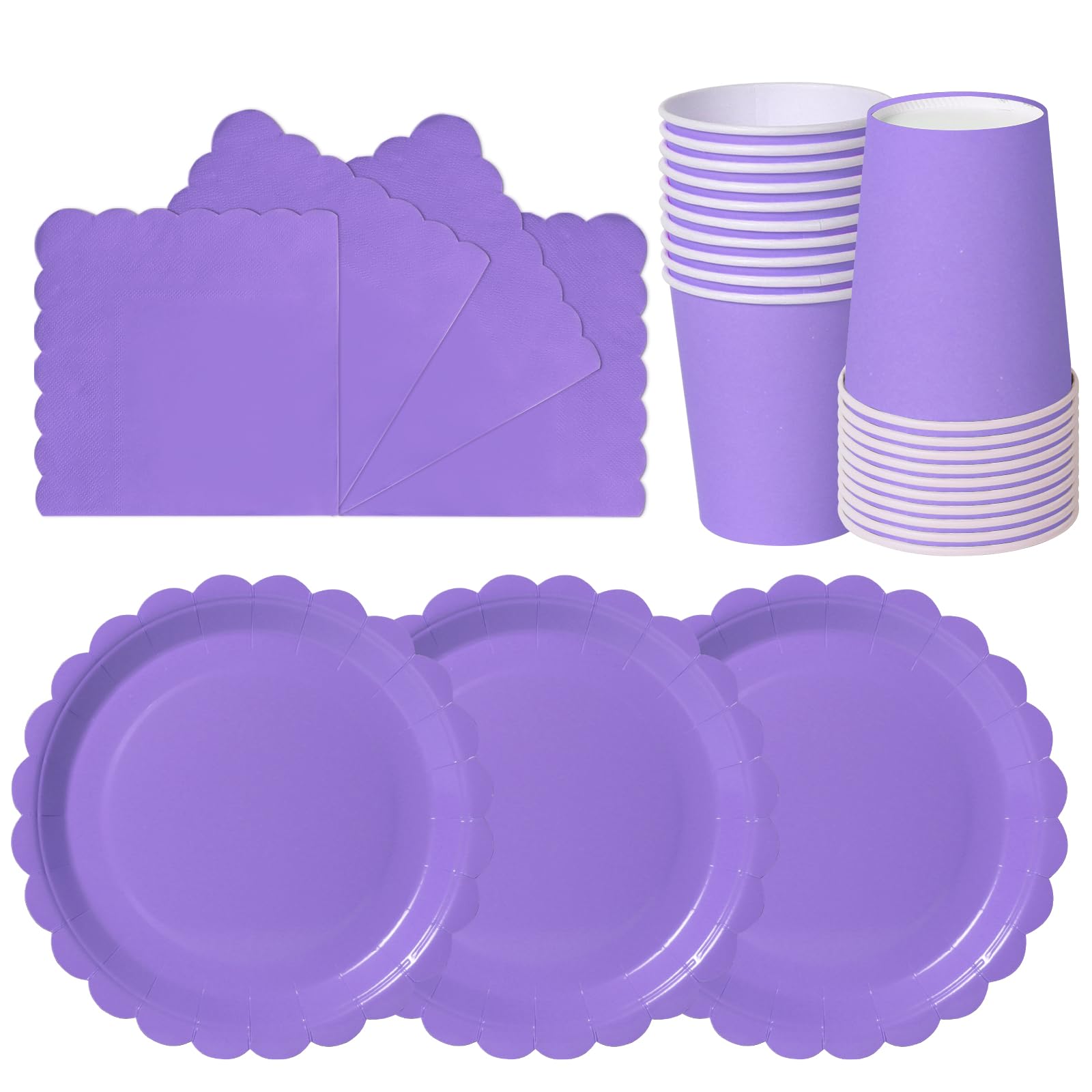 hailstones Light Purple Disposable Scalloped Party Paper Plates Set Tableware Supplies - 24 Pack of 7 Inch Plates, Cups & Napkins for Kids Birthday Decorations Christening Wedding Shower