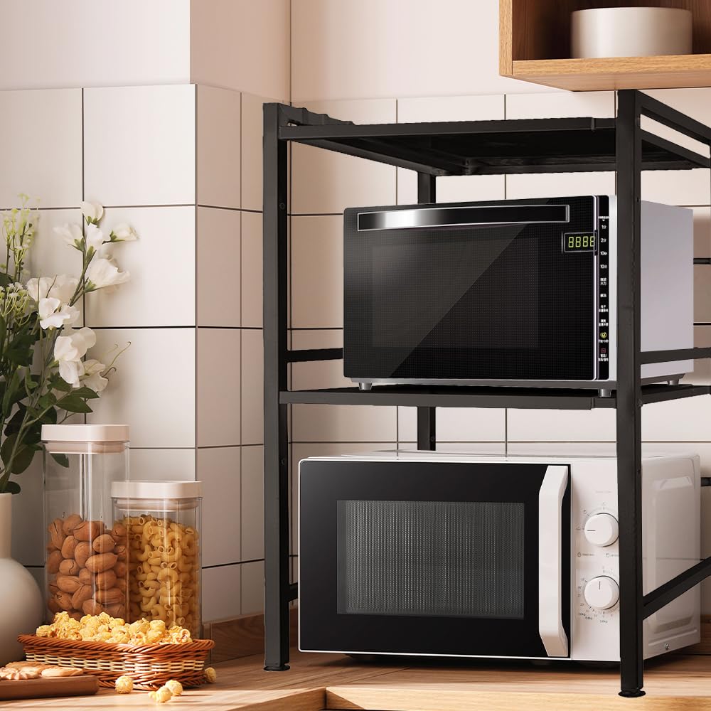 BUTUN Mikrowellen Regal, Ofengestell, 2-lagiges Erweiterbares Mikrowellenständer, Mikrowellenhalter Organizer, Küchenregal Stehend, Arbeitsplatte Küche mit Haken (schwarz)