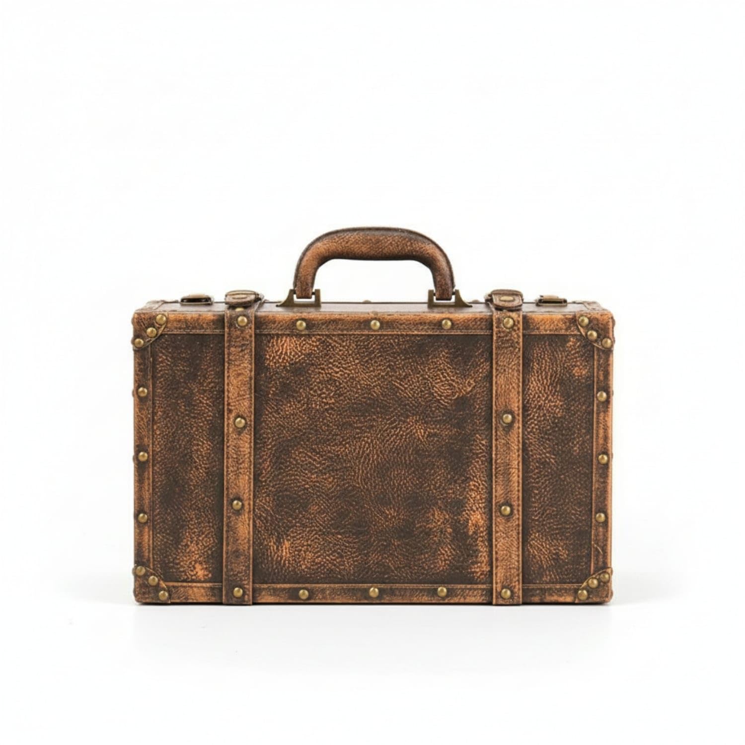 Leather-Like Finish Vintage Trunk-Shaped Storage Box Metal Rivets Suitcase-Style Storage Box Stitched Straps Keepsake Chest Carrying Handle for Photography Prop, Washed Style D Small|Trunks-image-41