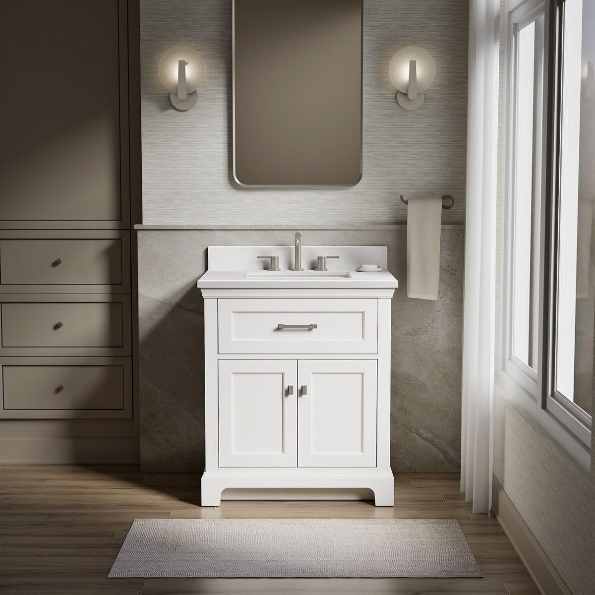 ( broken) kohler charlemont 30" bathroom vanity cabinet with white sink and quartz top, modern bathroom storage, white, k-29260-bd1-0