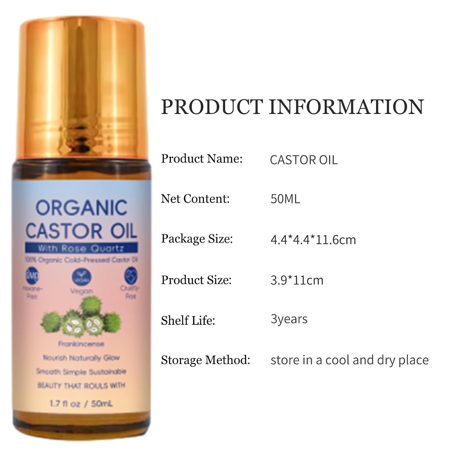 Organic Golden Castor Oil Roll on with Rose Quartz, Cold Pressed Castor Oil for Lashes, Brows & Skin, Amber Glass Bottle Moisturizing Oil for Women & Men, 1.7 Fl Oz (2 pcs-a)
