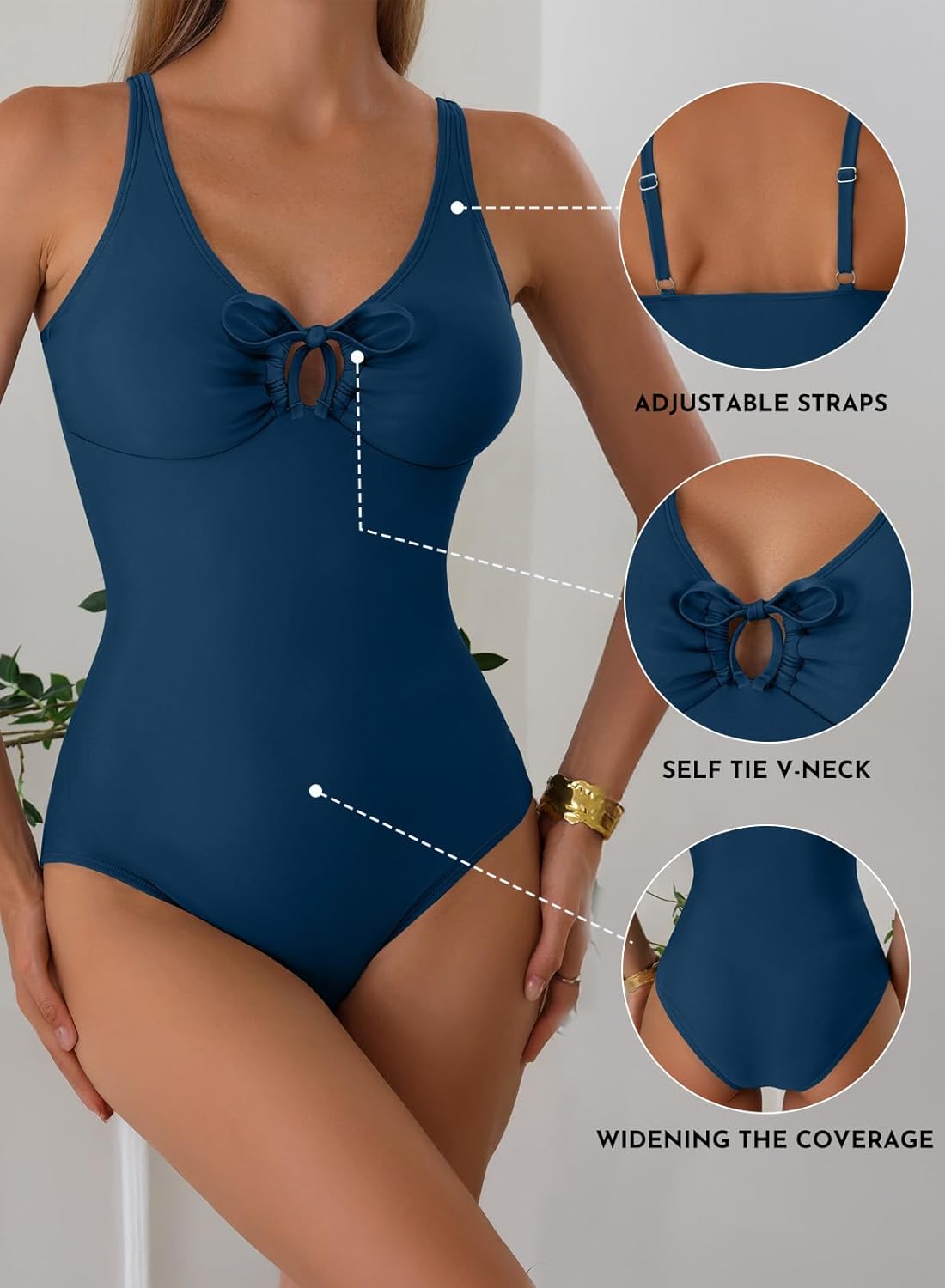 Aleumdr Tummy Control One Piece Bathing Suit for Women V Neck Tie Front Cutout Swimsuit High Cut Slimming Swimwear - Image 5