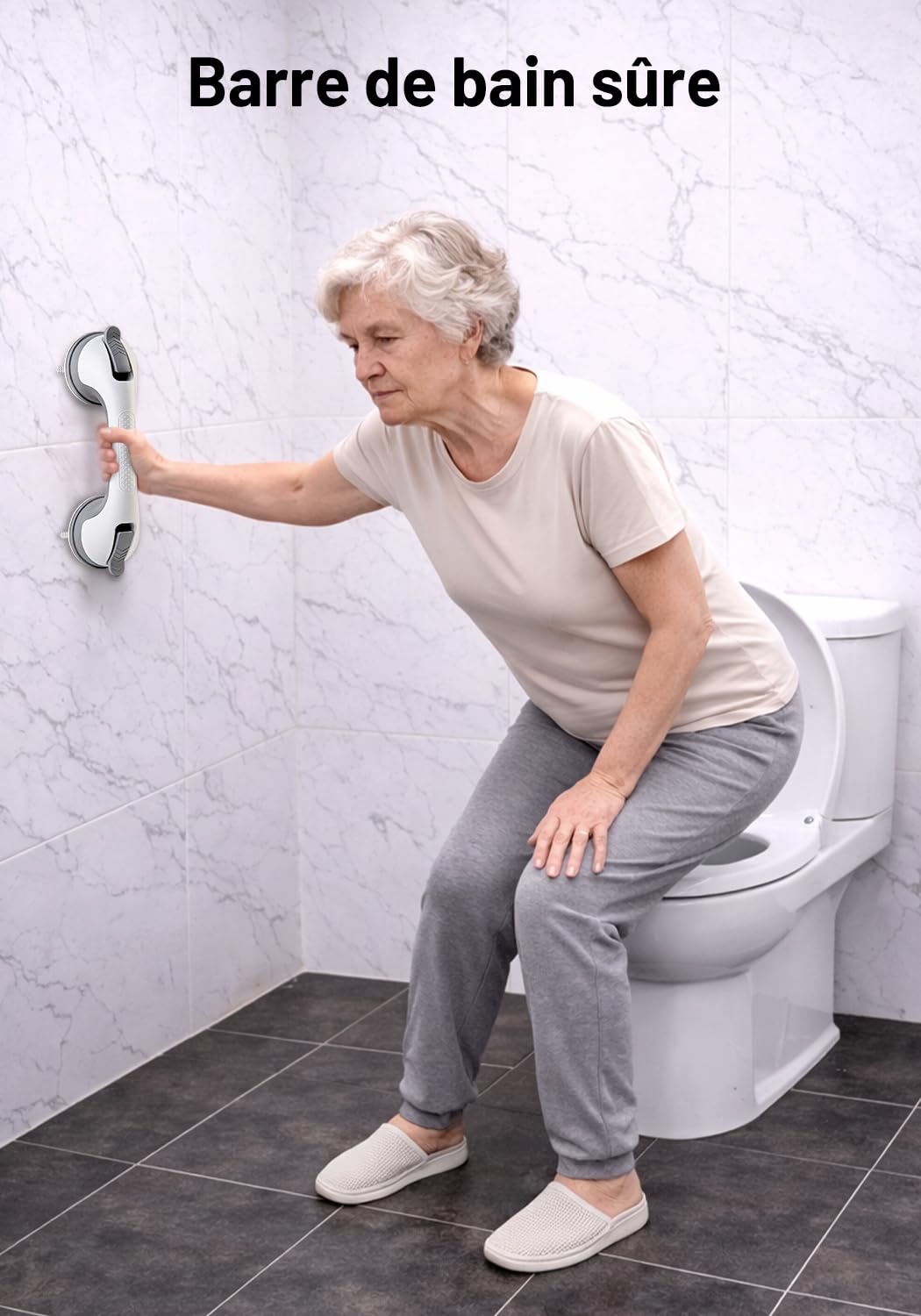 Barre d’appui douche sans perçage, lot de 2 poignées de sécurité à ventouse puissante, antidérapantes, maintien stable pour salle de bain, toilettes et surfaces lisses, aide à la mobilité