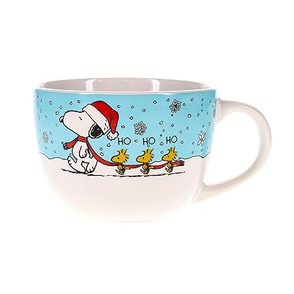 Silver Buffalo Peanuts Snoopy & Woodstock Ho Ho Ho Winter Holiday Ceramic Soup Mug Bowl For Ice Cream, Cereal, Beverages - Holds 24 Ounces