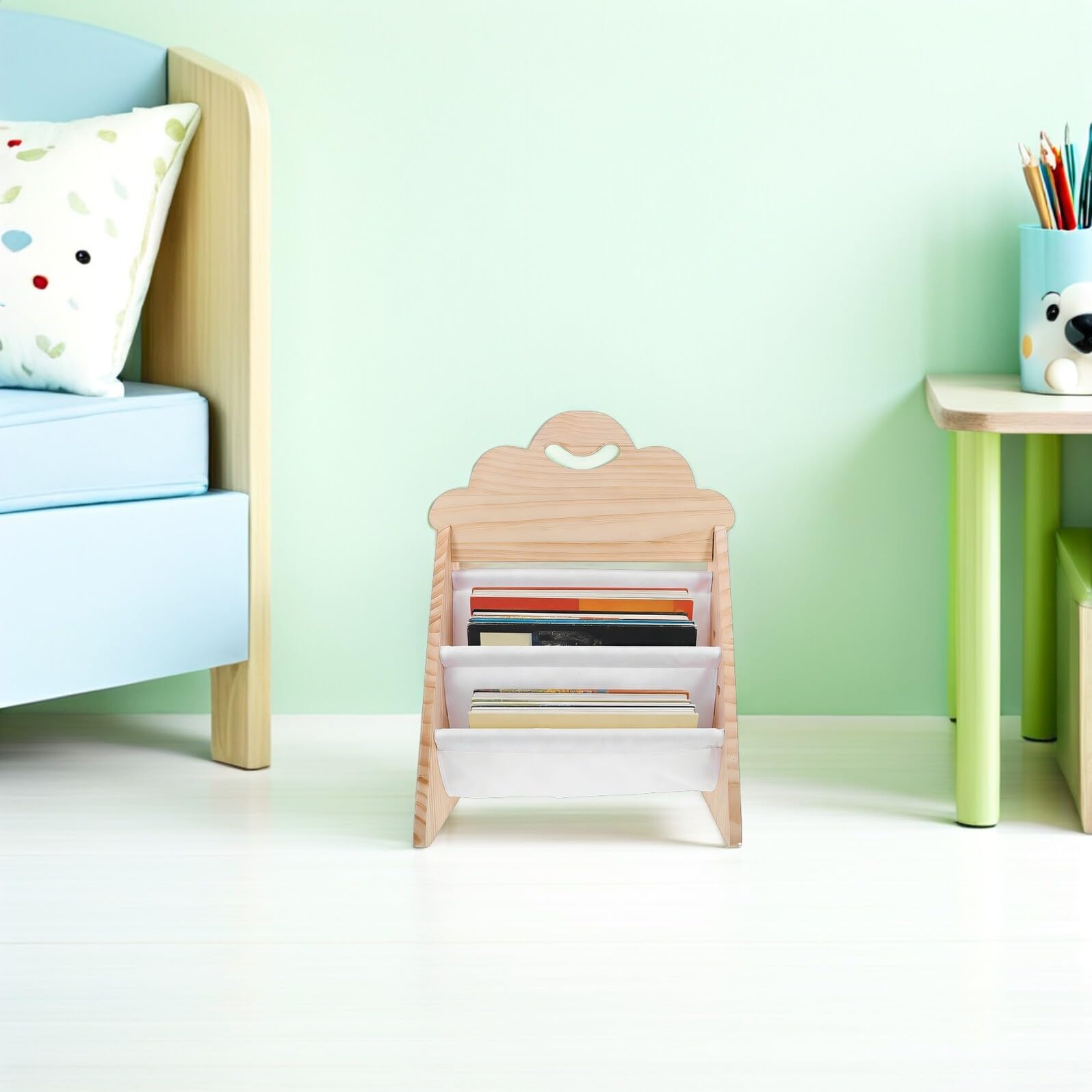Libreria in Legno per Bambini, Scaffale Libri da Terra | Dimensioni 52, 5x41, 2x31cm, Angoli Arrotondati, Ripiano Aperto e Base Stabile per Aula e Asilo