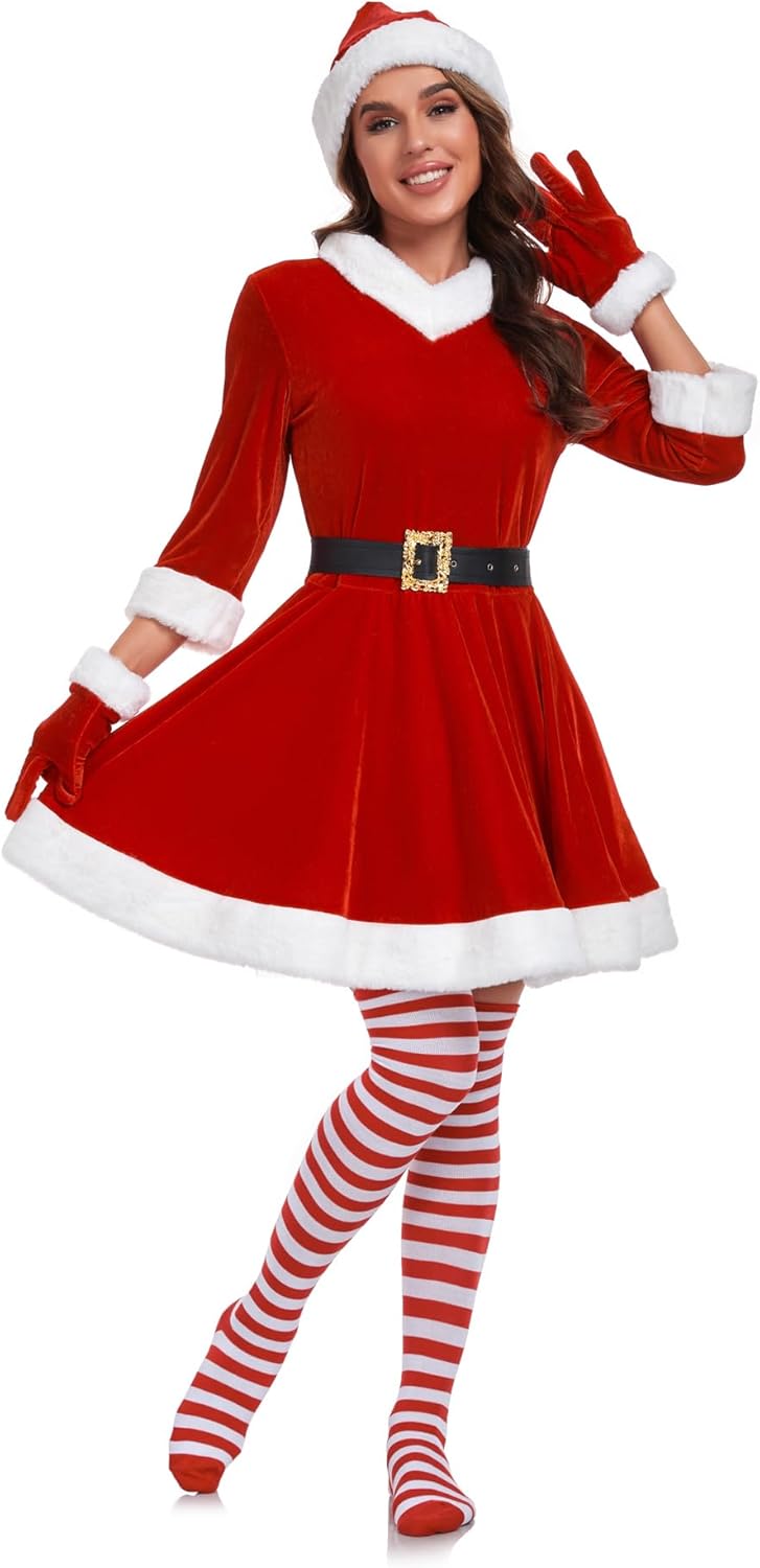 Mrs Claus Costume for Women 5PCS Plus Size Outfit Christmas Adult Velvet Santa Dress with Belt High Socks Hat Gloves - Image 2
