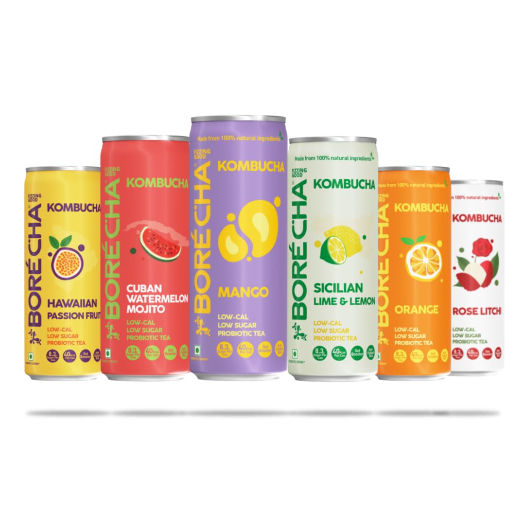 Borécha Probiotic Kombucha Combo Pack of 6 | 330ml | Unpasteurized |Low-Cal, Gut-Health Support | Gluten-Free | 1.5 Lakh CFU Probiotics | Cold Brewed | F.A.B. Gut Culture | Natural Functional Beverage