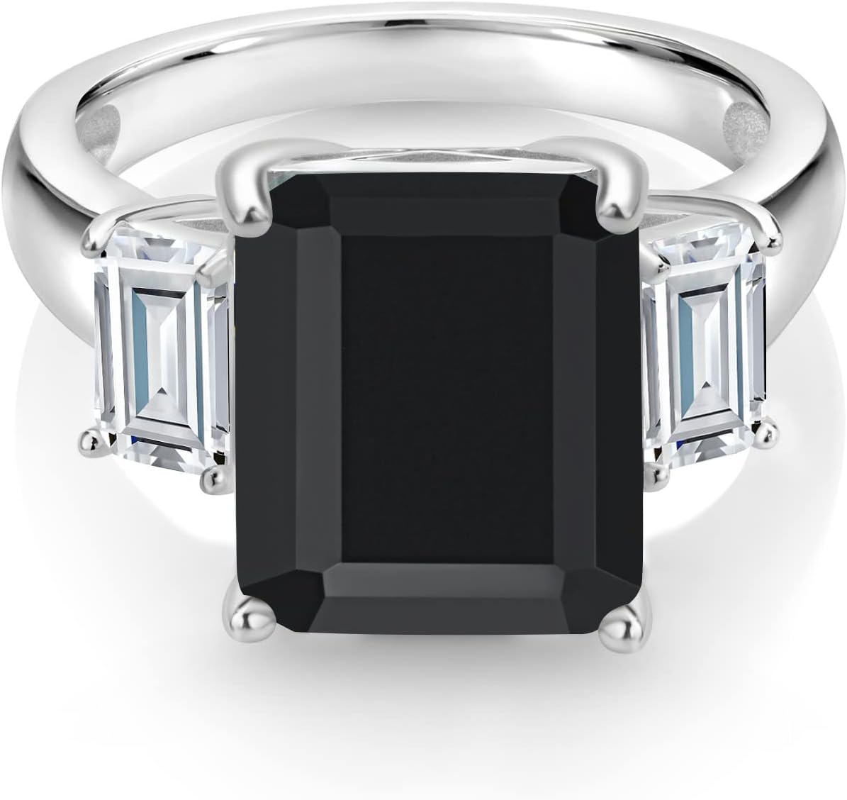 Gem Stone King 6.91 Cttw Black Onyx and White Moissanite 3-Stone Engagement Ring For Women | 925 Sterling Silver | Emerald Cut 12X10MM and 6X4MM | 3 Stone Wedding Anniversary Promise Ring
