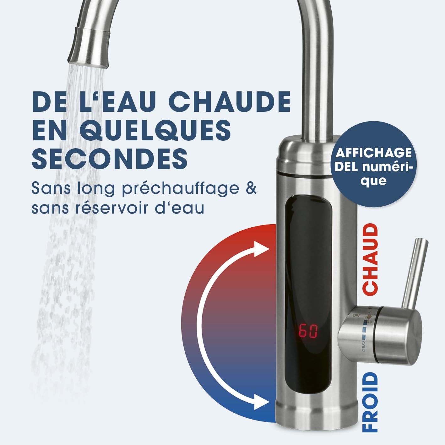 MAXXMEE Robinet électrique en acier inoxydable avec chauffe-eau intégré | Mitigeur avec serpentin chauffant et affichage LED de la température | 2 robinets interchangeables | plus de 60 °C d’eau
