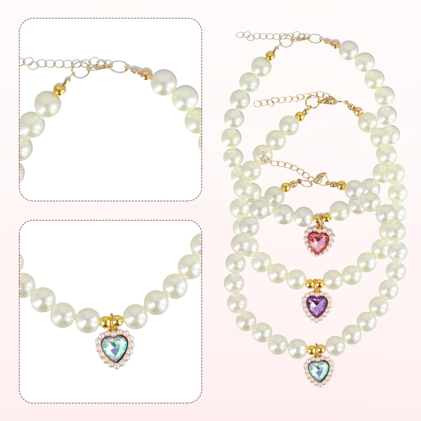 3 collares de perlas para gatos con colgante de corazón, collar de perlas ajustables para gatos, perros, bodas, fiestas, accesorios de joyería para mascotas para perros pequeños y gatos