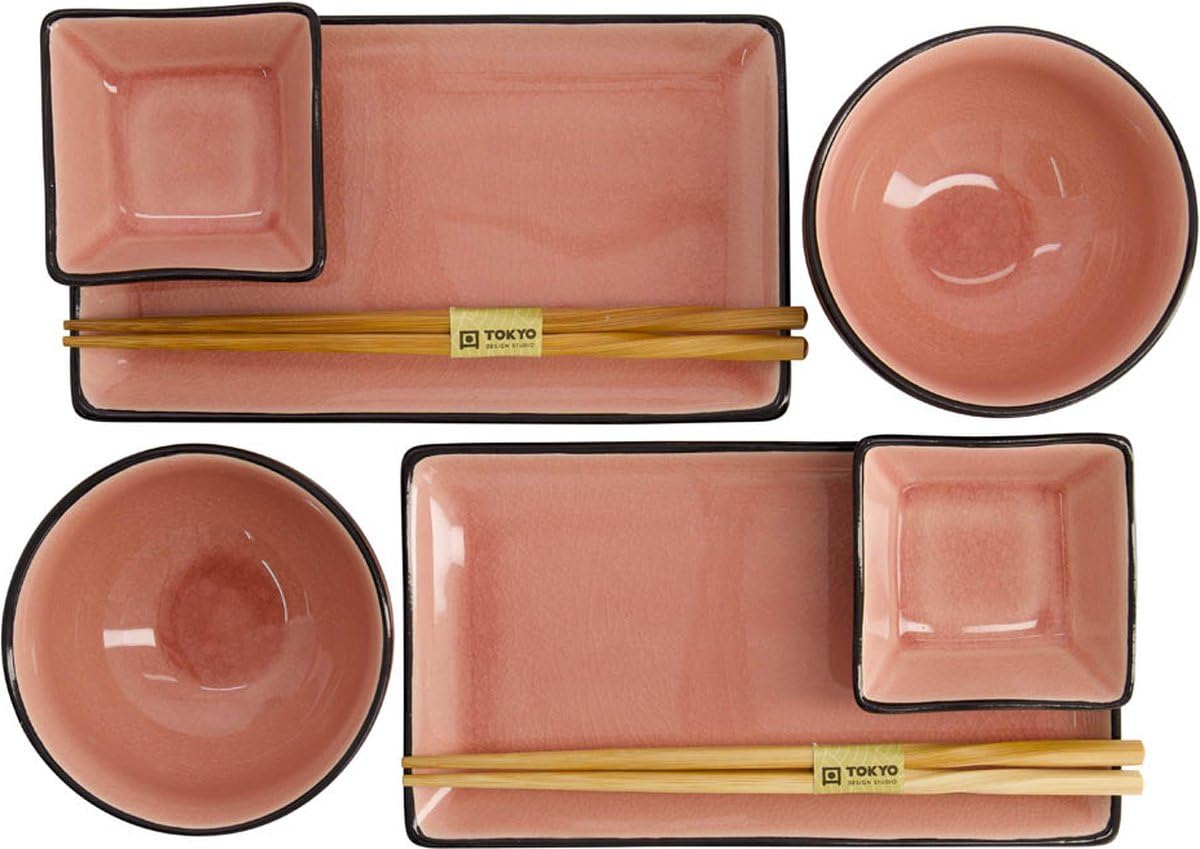 TOKYO design studio, Glassy Pink, Set mit 2 Tellern + 2 Saucen-Schalen + 2 Reis-Schalen+ 2 Paar Essstäbchen, 8-TLG., Steingut