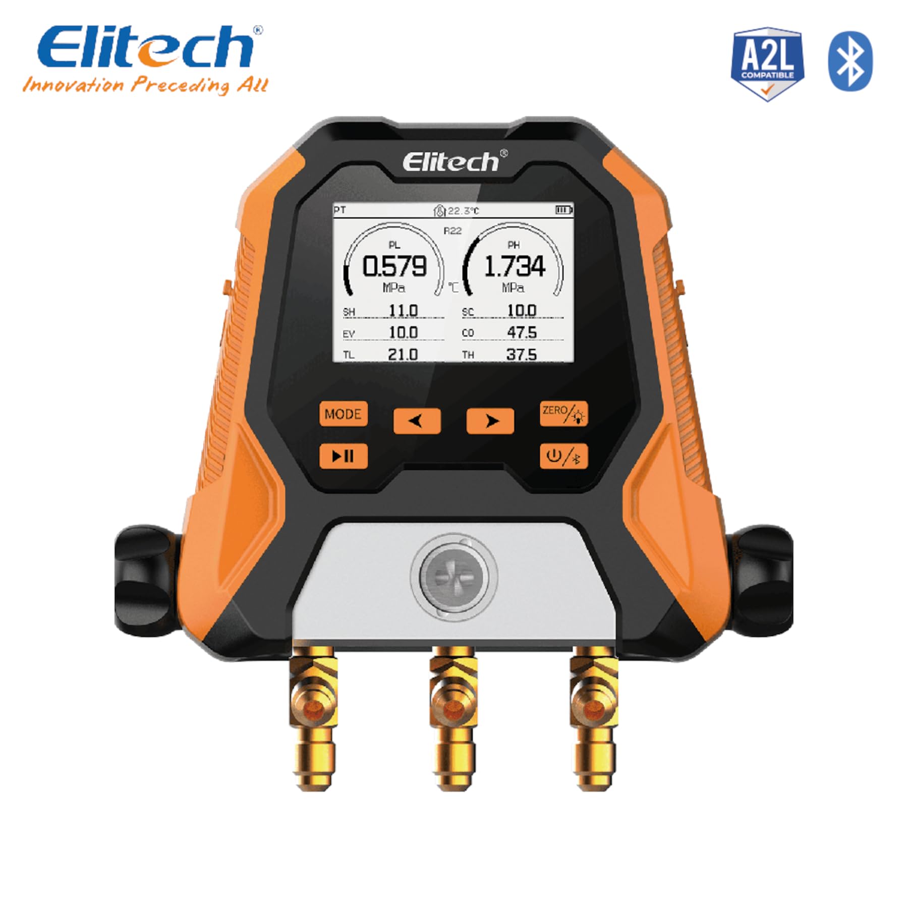 Elitech MS-810S - Manómetro digital inteligente de 2 vías, grupo manométrico Bluetooth para aire acondicionado, 140+ refrigerantes, kit de medición de temperatura/presión/vacío con tubos y pinzas en