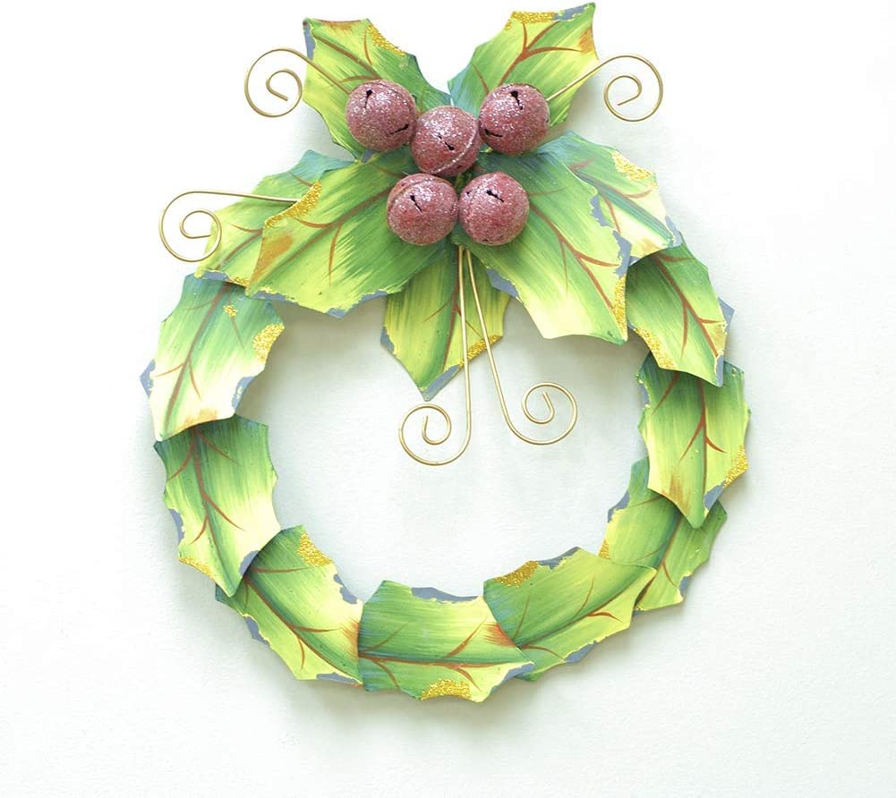 WHY Decor Christmas Wreath with Yellow Green Metal Holiday Holly Leaves Red Jingle Bells Metal Wreath Christmas Door Wreath Decor Decorative Garland for Xmas Party Home Door Showcase Decoration