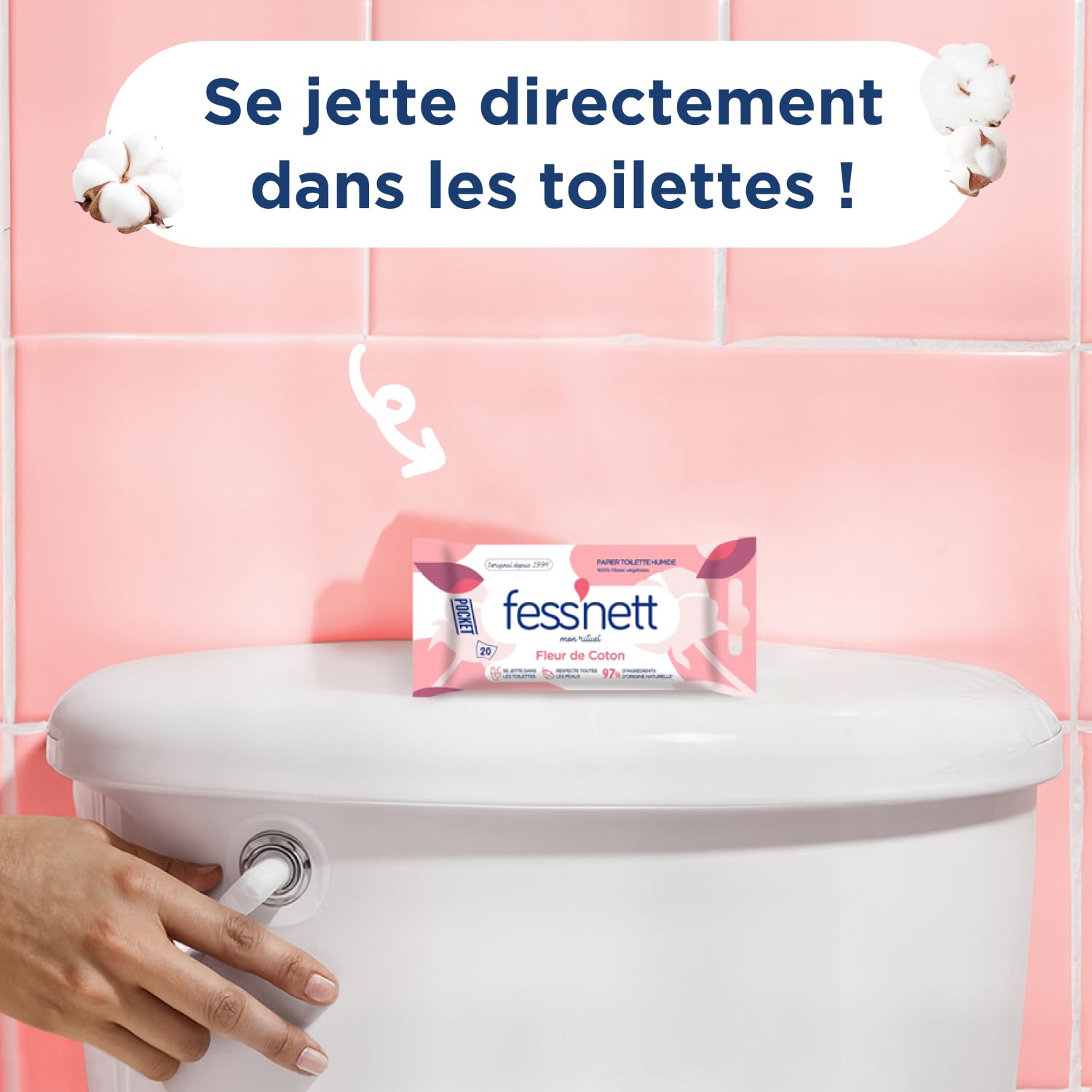 Fess Nett - Papier Toilette Humide Pocket Fleur de Coton x20 - Formule testée dermatologiquement 0% parabène 0% phenoxyethanol - Pour peaux normales à sensibles
