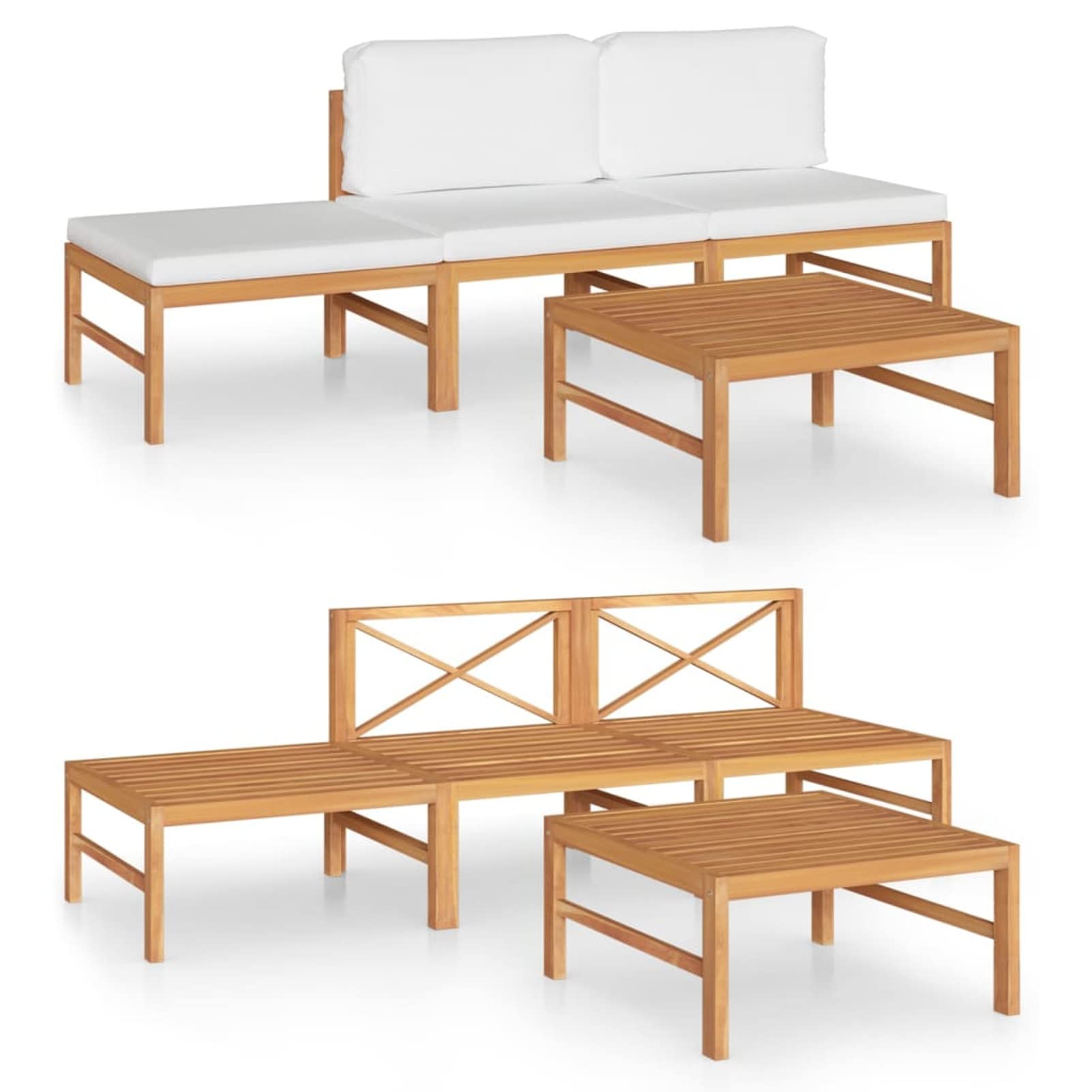 4pz Set Divano Giardino per Esterno, Divano da Esterno, Divano Legno, Salotto da Giardino Esterno, Divanetto da Esterno con Cuscini in Legno Massello di Teak Crema