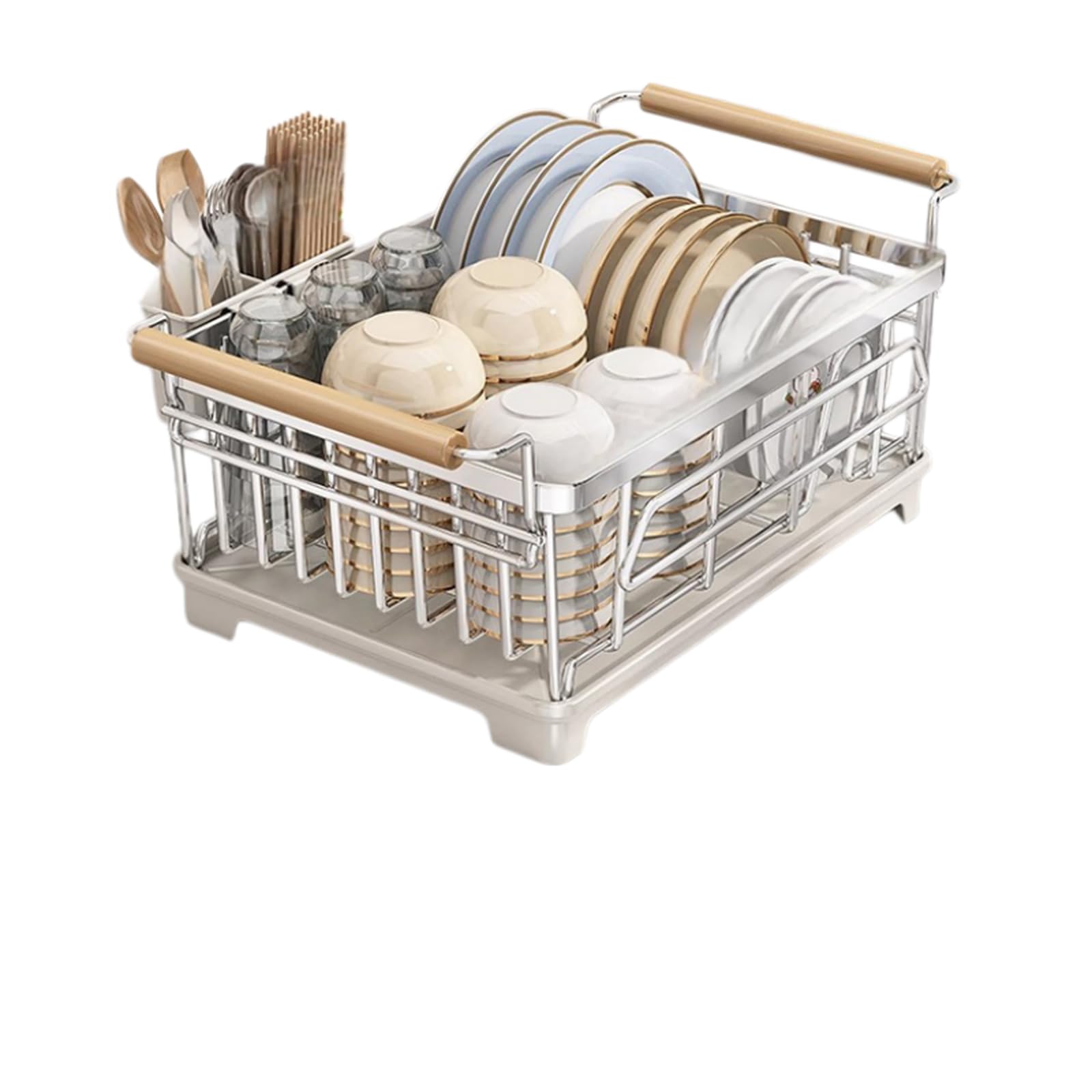 Égouttoir à vaisselle en acier inoxydable 304 en forme de L, organisateur de comptoir de cuisine avec porte-ustensiles, égouttoir à bols et assiettes, étagère de rangement et plateau égouttoir.