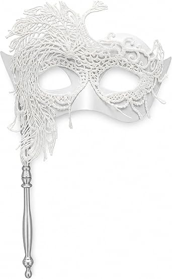 LUOZZY Masquerade Mask for Women with Stick White Venetian Mardi Gras | Eye-Catching White Masquerade Mask With Stick For Halloween Parties Costume Parties