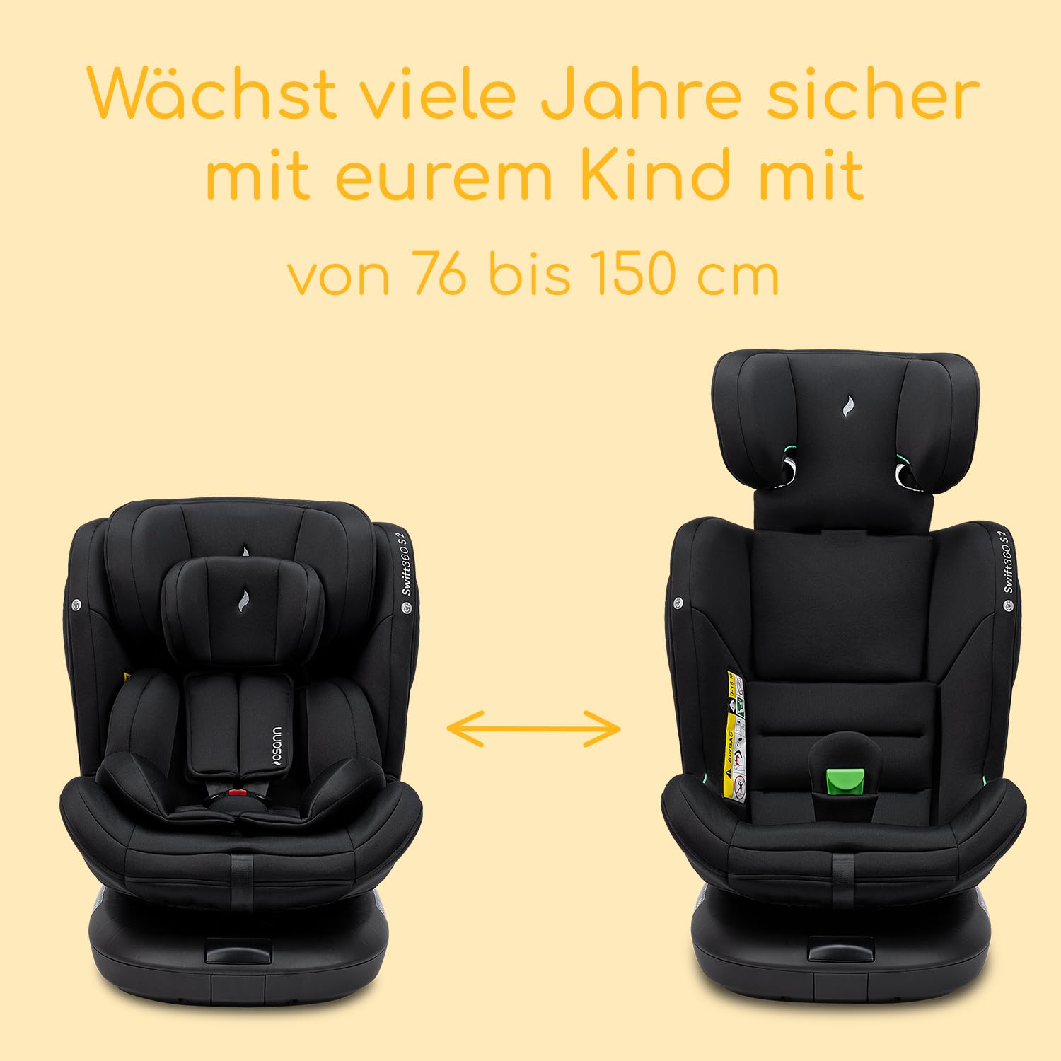 Osann Swift360 S 2 Reboarder 360 drehbar mit Isofix, Kindersitz ab 1 Jahr | Kinderautositz 76-150 cm, drehbarer Kindersitz 9-36 kg mit Isofix, erleichtert das Anschnallen, bequem & sicher - All Black