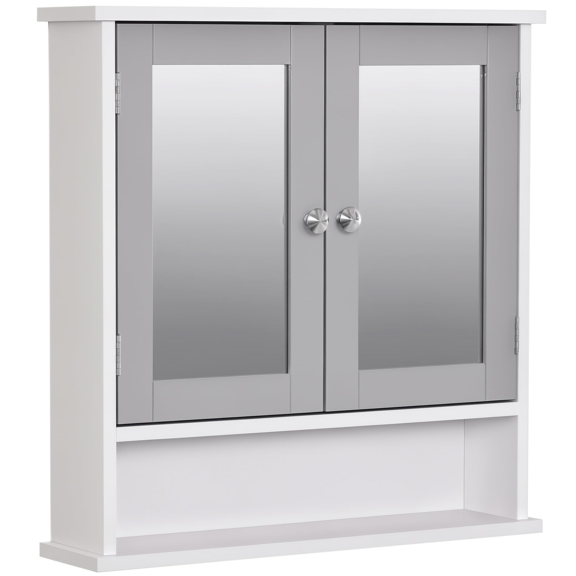 kleankin Mirror Cabinet Wall Mounted with Double Mirrored Doors, Hanging Cabinet with Cupboard and Shelf, Bathroom Wall Storage Organiser, Grey