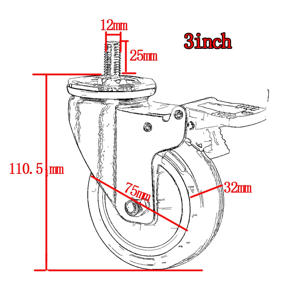 Roulettes avec frein Fil M12 Roues 3 pouces 75mm pivotantes pour meubles et lit bébé silencieux PU 420 kg Roulettes industrielles pour chariot Table travail chaise bureau hôpital usine 4 pcs