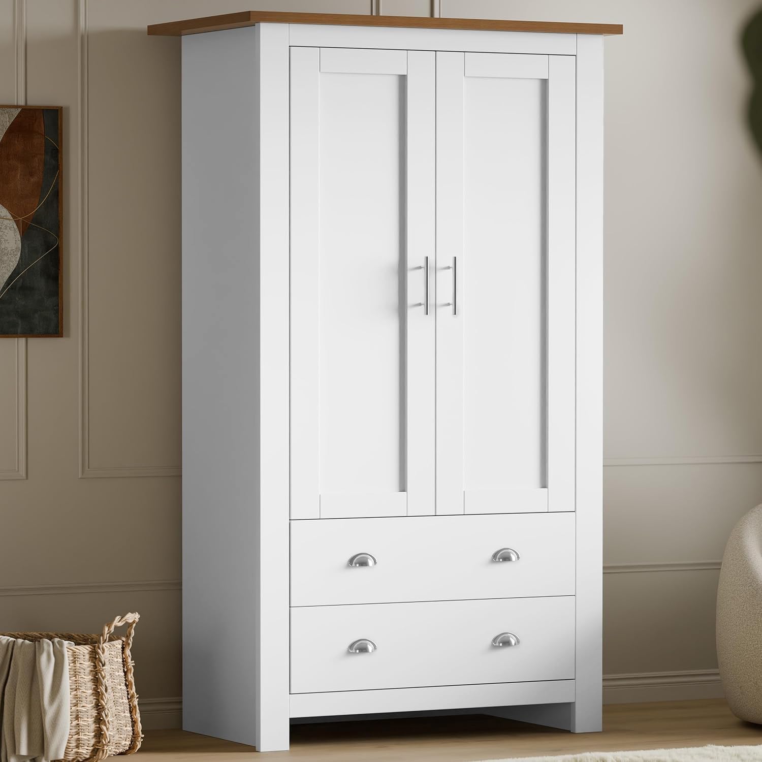 Wardrobes for Bedroom 2 Door 2 Drawer Wardrobe MDF With Shelf Hanging Rail Cloth Storage Wooden Wardrobe With Drawer Large Cupboard Bedroom Furniture, White & Oak, 180H x 86W x 52D cm