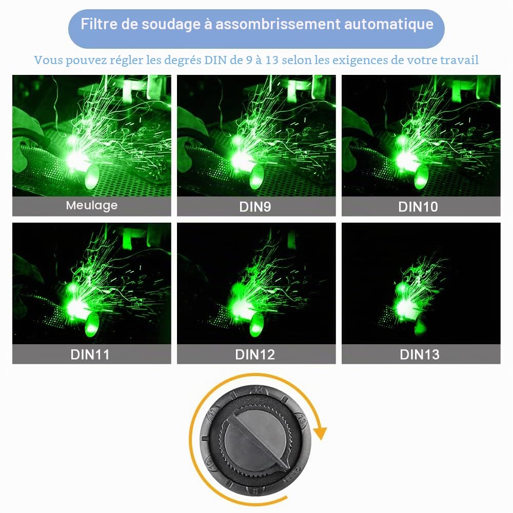 Casque de soudage auto-obscurcissant à énergie solaire avec 6 lentilles de rechange + gants de soudure, pare-soleil réglable 4/9-13 pour meulage TIG MIG ARC, masque de soudage