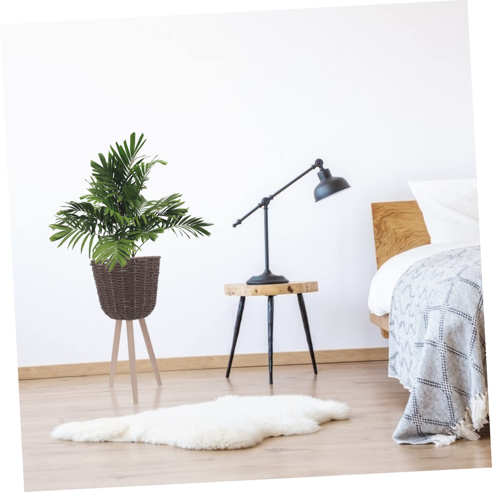 Yardwe Cestino Portapianta da Terra in Rattan e Legno con Staffa Angolare