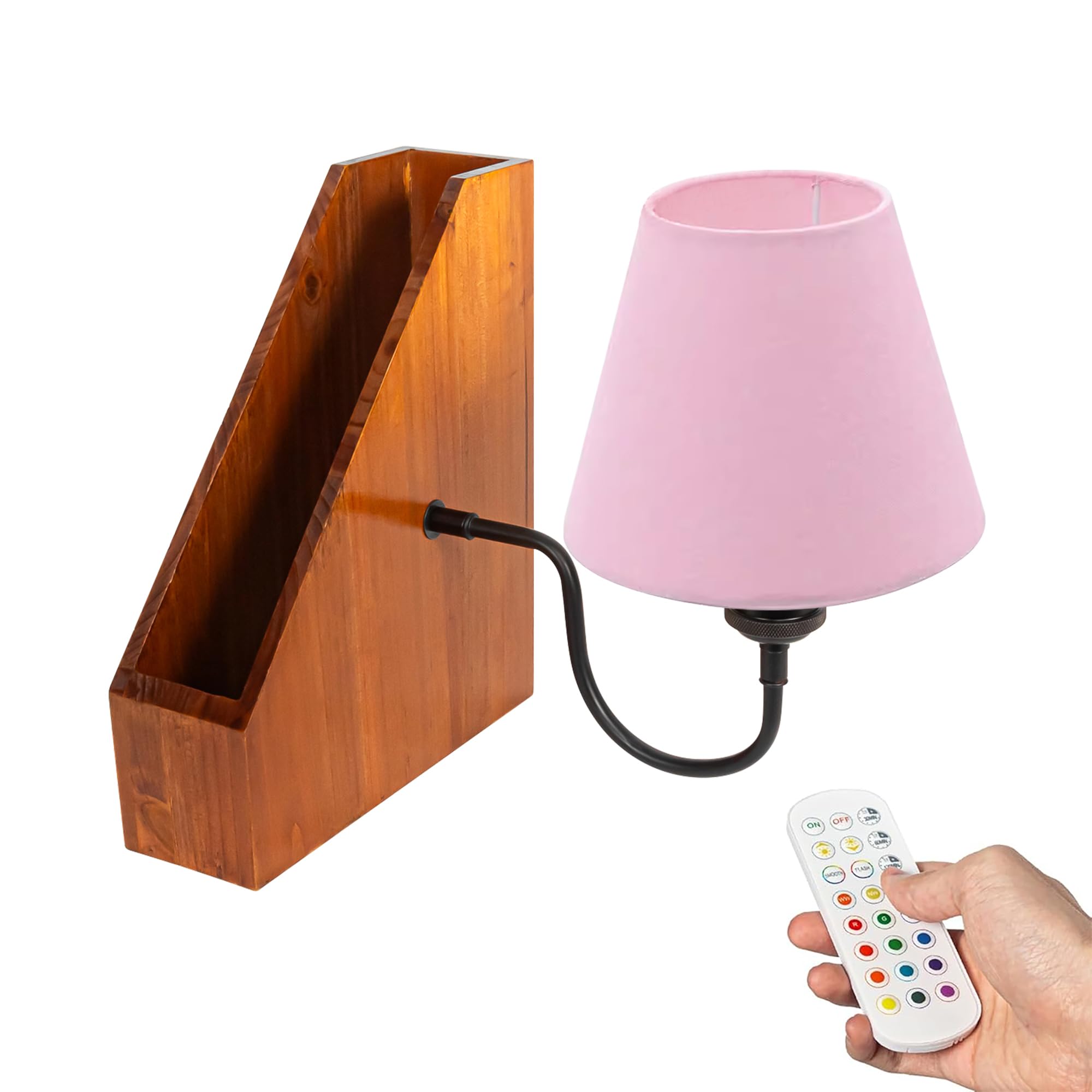 LED Buchlampe mit Fernbedienung, Vintage Dimmbar Nachttischlampe mit Praktischer Organizer 1xE27-Fassung, Wiederaufladbare Tischlampe Zeitschaltuhr für Nachttisch Beistelltisch DZ0031PK
