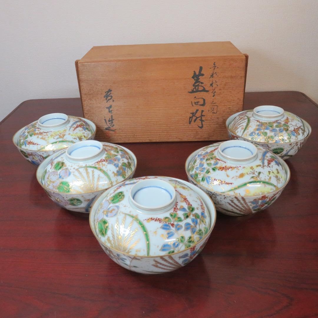 蓋物 5客 色絵付け 金彩 草花 銘 秋の図 共箱 蓋物 5客 色絵付け 金彩 草花 銘 秋の図 共箱 ネットショップ圭