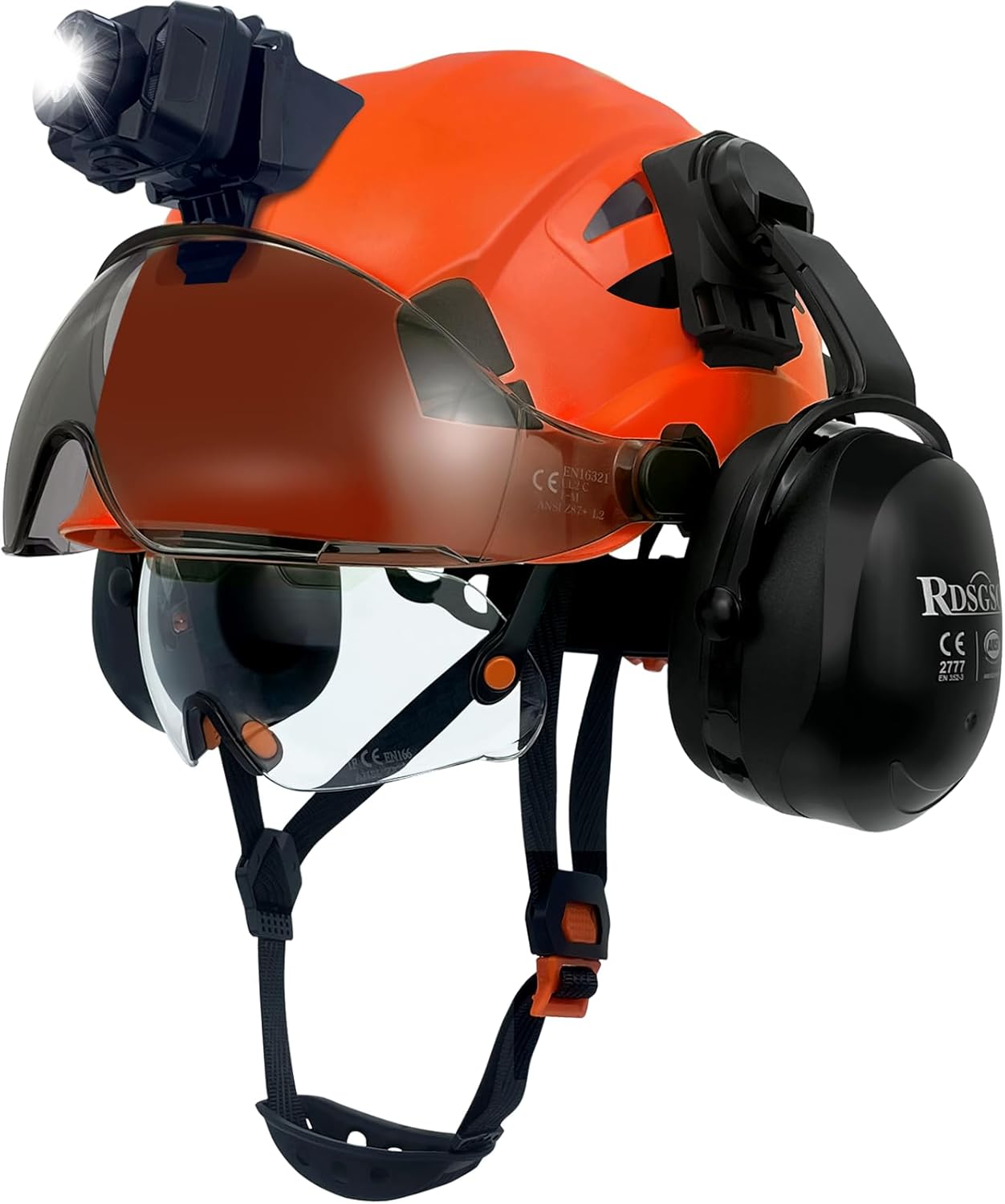 Safety Hard Hats with Visor and Ear Muffs Headlight Vented Lightweight 6 Points Suspension Industrial Construction Safety Helmet ANSI Approved