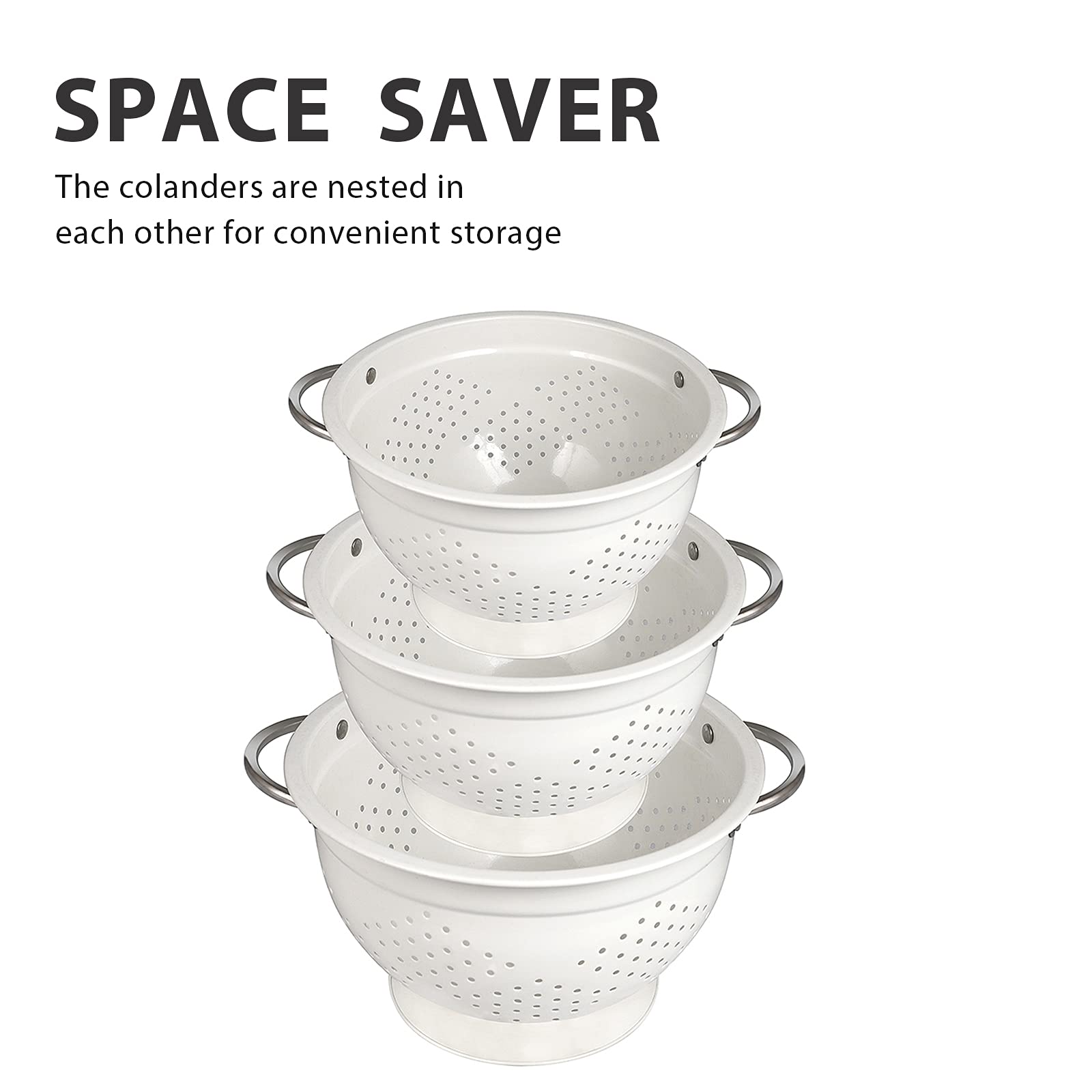 Hillbond Set di 3 colini da 1,5, 3, 5 QT in metallo verniciato a polvere con manici rivettati in acciaio inox e base stabile, per scolare pasta, frutta, verdura, bianco