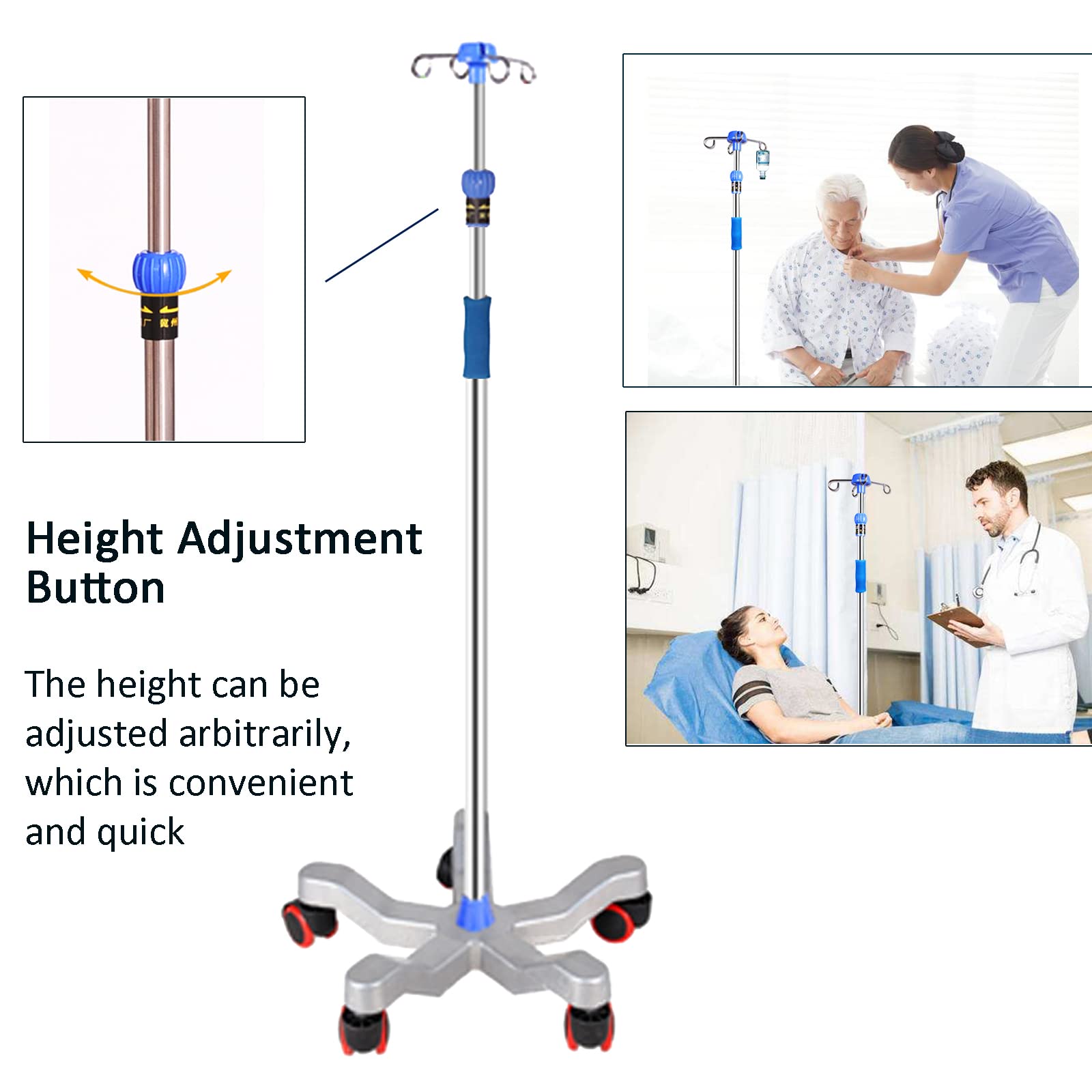 Support de Perfusion médical rétractable Portable Support de Perfusion médical réglable en Hauteur Support de Perfusion Pliable avec 4 Crochets pour hôpital, Clinique privée et Maison