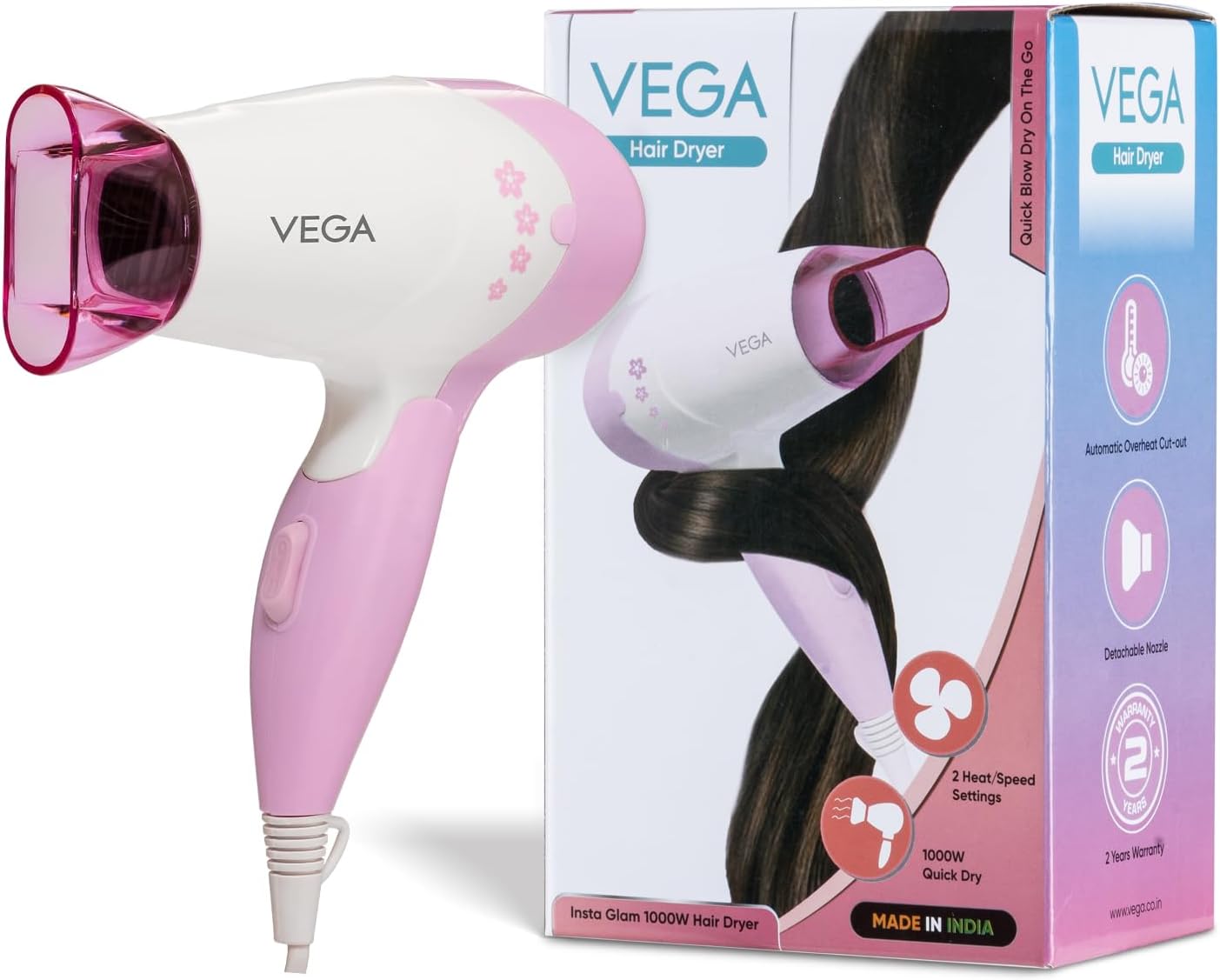 Insta Glam Foldable 1000-1200Watts Hair Dryer for Men & Women, 2 Heat & 1 Speed Settings (Low & High), Perfect Blow Dry & Style, Compact Hair Dryer for Travel & Home Use (VHDH-20) Made In India