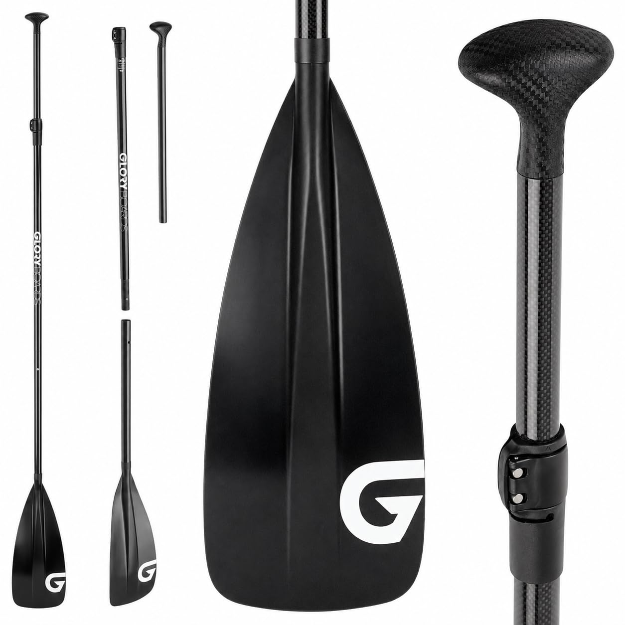 Glory Boards® SUP Paddel 30% Carbon für Stand Up Paddle, 3-teilig, ca. 800g | Carbon Paddel mit robustem Nylonblatt, variable Länge von 180-215 cm, angenehmer Griff, ideal für Stand-Up Paddling Touren