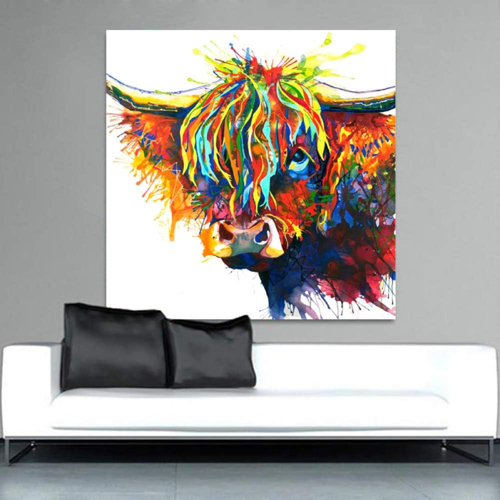 KGKBH 1 canvas painting1 Pieces Colorful Highland Cow Animal Oil Painting Canvas Art Print Poster Print For Living Room Wall Decorative Pictures 50x50CM NO FRAME