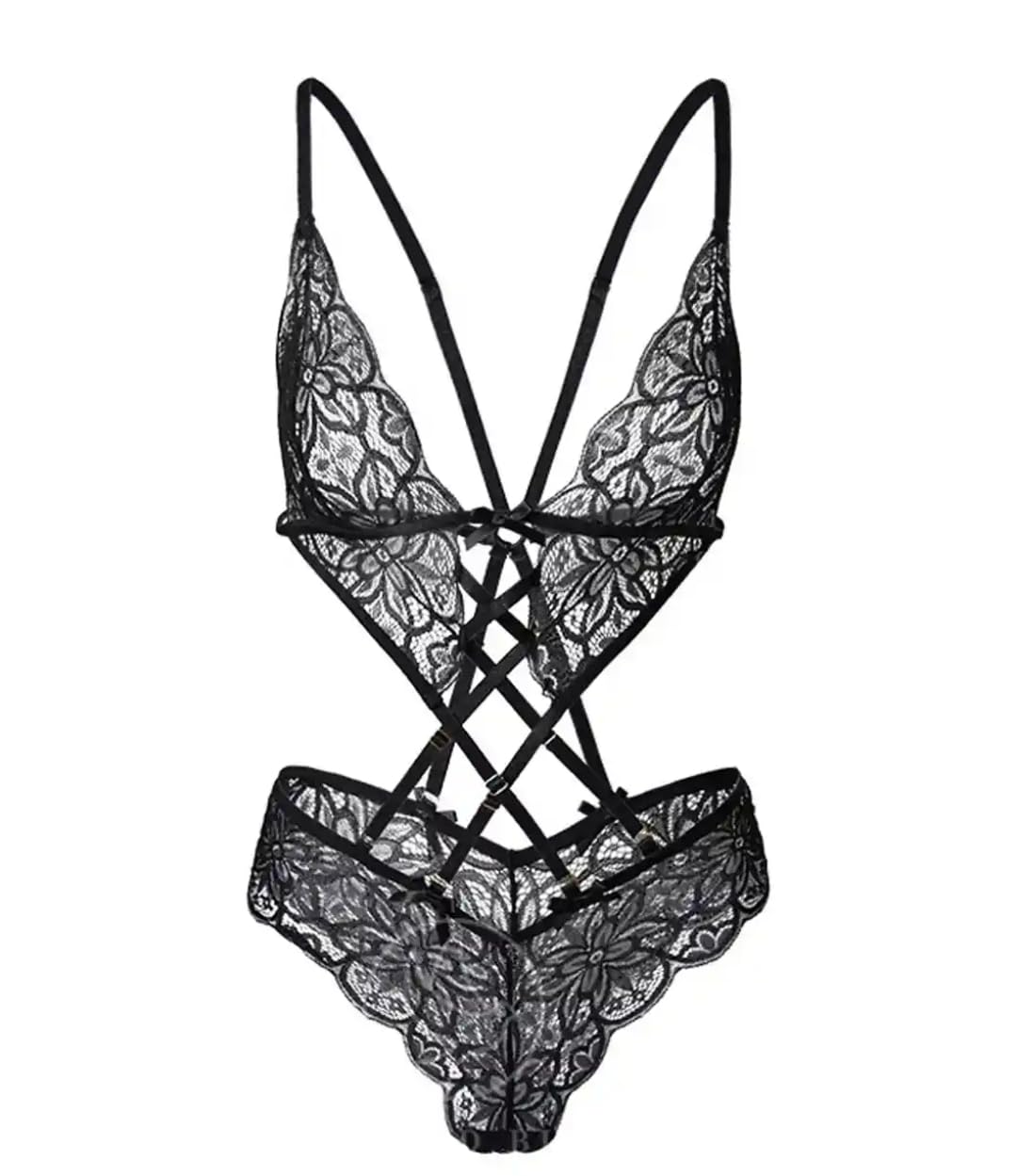 Black Lace Strappy Cutout Teddy Bodysuit Lingerie for Women-image-32
