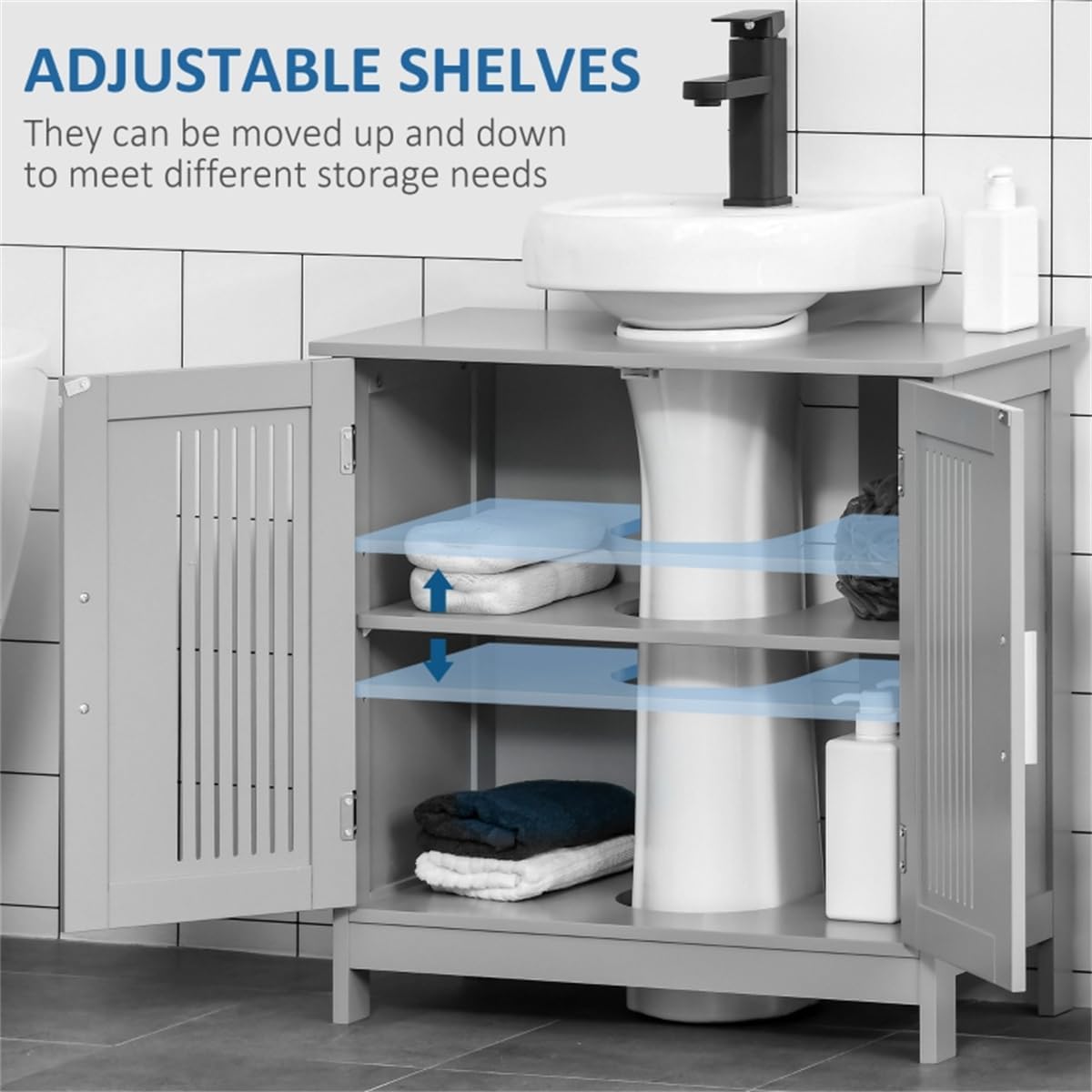 23.5" Gray Under Sink Bathroom Cabinet, Pedestal Sink Storage Cabinet with U-Shaped Cutout, Adjustable Shelf & Double Doors, MDF Bathroom Organizer for Toiletries, Cleaning Supplies