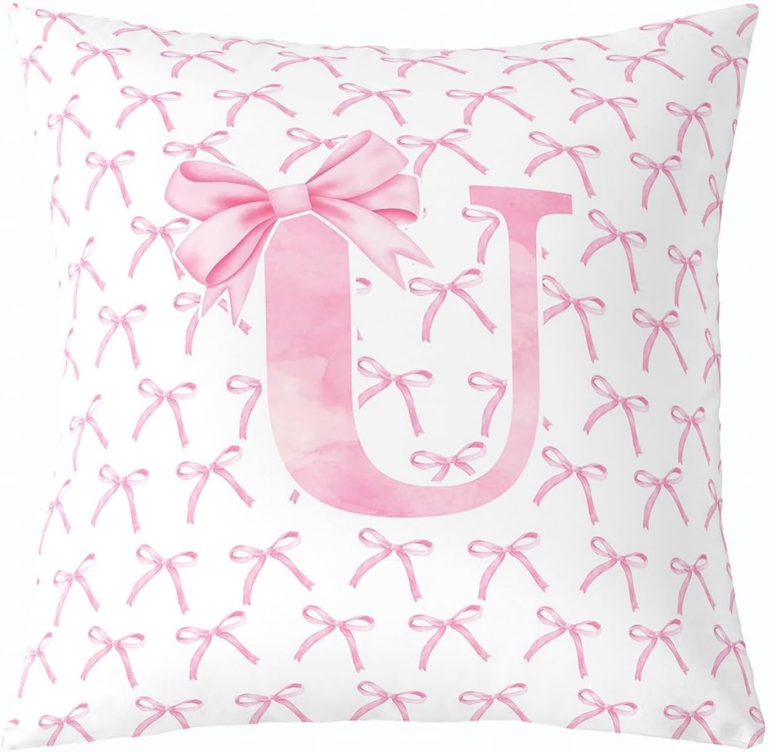 Cartoon Bowknot Kids Throw Pillow Cover,Pink Bow Tie Letter U Knot Princess Double Sides Pillow Case Girls Women,Watercolor Bow Patchwork Pink White Bed Couch Sofa Cushion Cover,Single Pack 16"x16" — image 1
