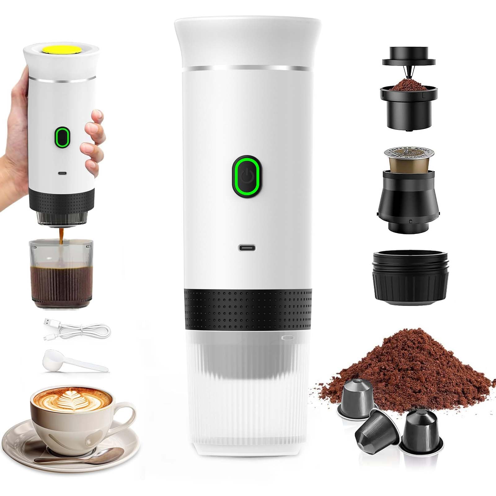 VHV Cafetera Portatil, Cafetera Portátil Cápsula de Espresso 3 en 1, Autocalentamiento de 2a6 Minutos, Para Cápsulas Pequeñas o Grandes y Café Molido,Cafetera Portátil para Oficina y Hogar (Blanco)