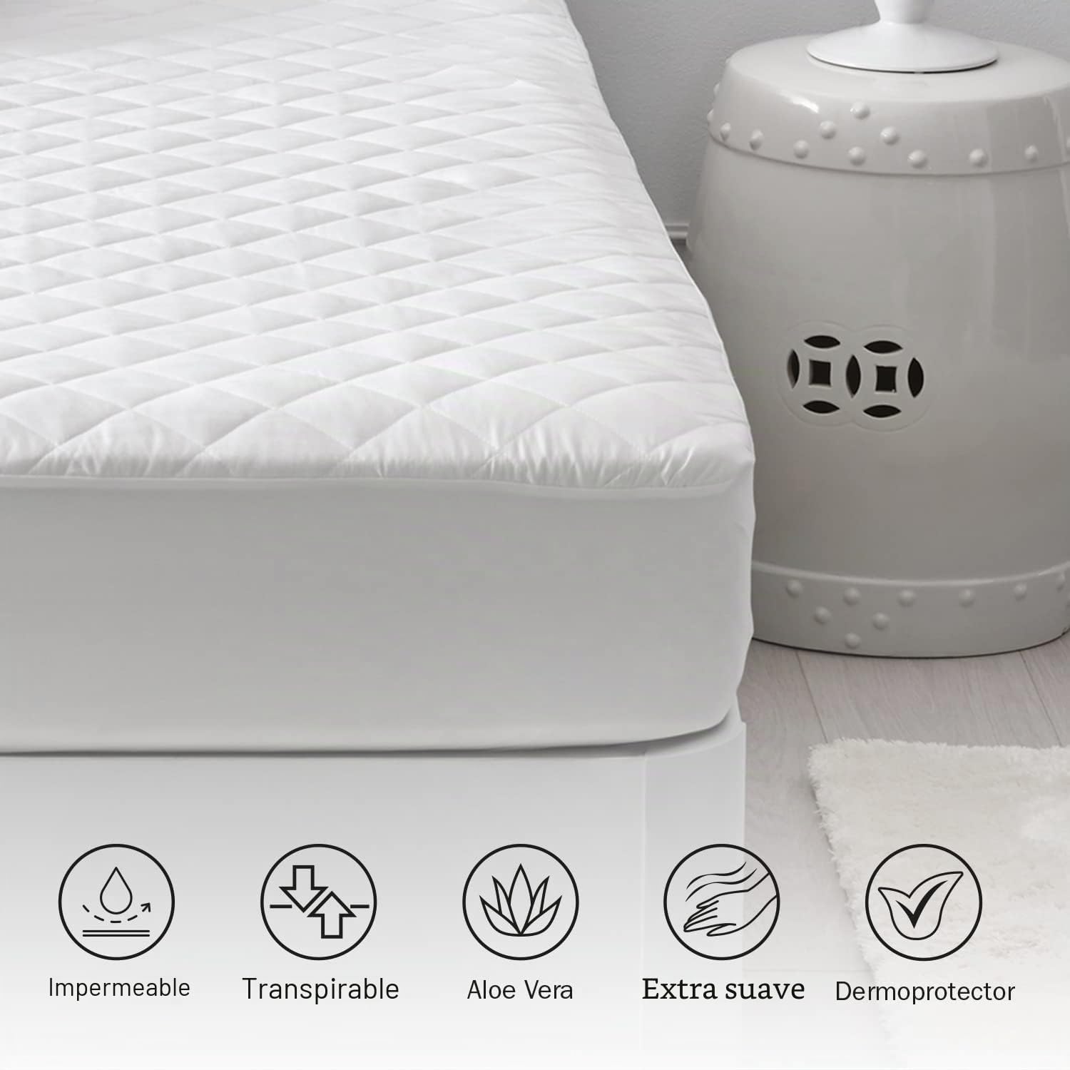 Pikolin Home - Protector de Colchón Acolchado Aloe Vera Impermeable | 135x190/200cm | Transpirable | Dermoprotector | Cubrecolchón