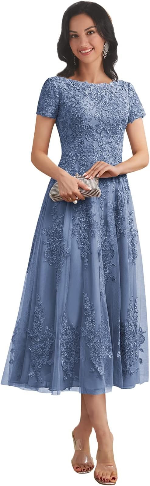 Dusty Blue Lace Applique Mother of The Bride Dresses for Women Cap Sleeves A Line Tea Length Mother of The Groom Dress Size 14